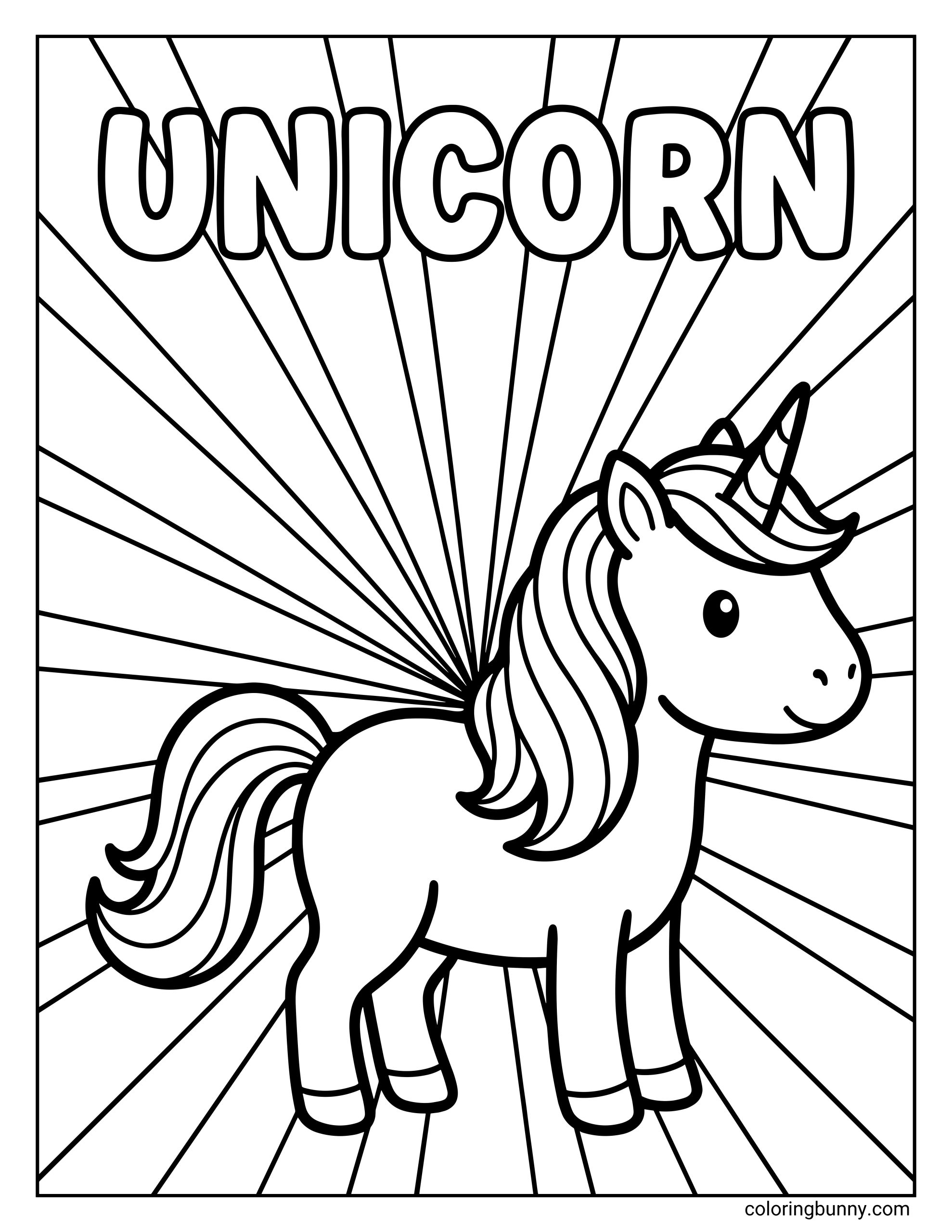 A unicorn coloring page featuring a simple, cute unicorn standing in profile with a short spiraled horn, friendly smile, and flowing mane and tail. Behind the unicorn is a bold sunburst background made of radiating lines, with the word “UNICORN” written in large rounded letters across the top.