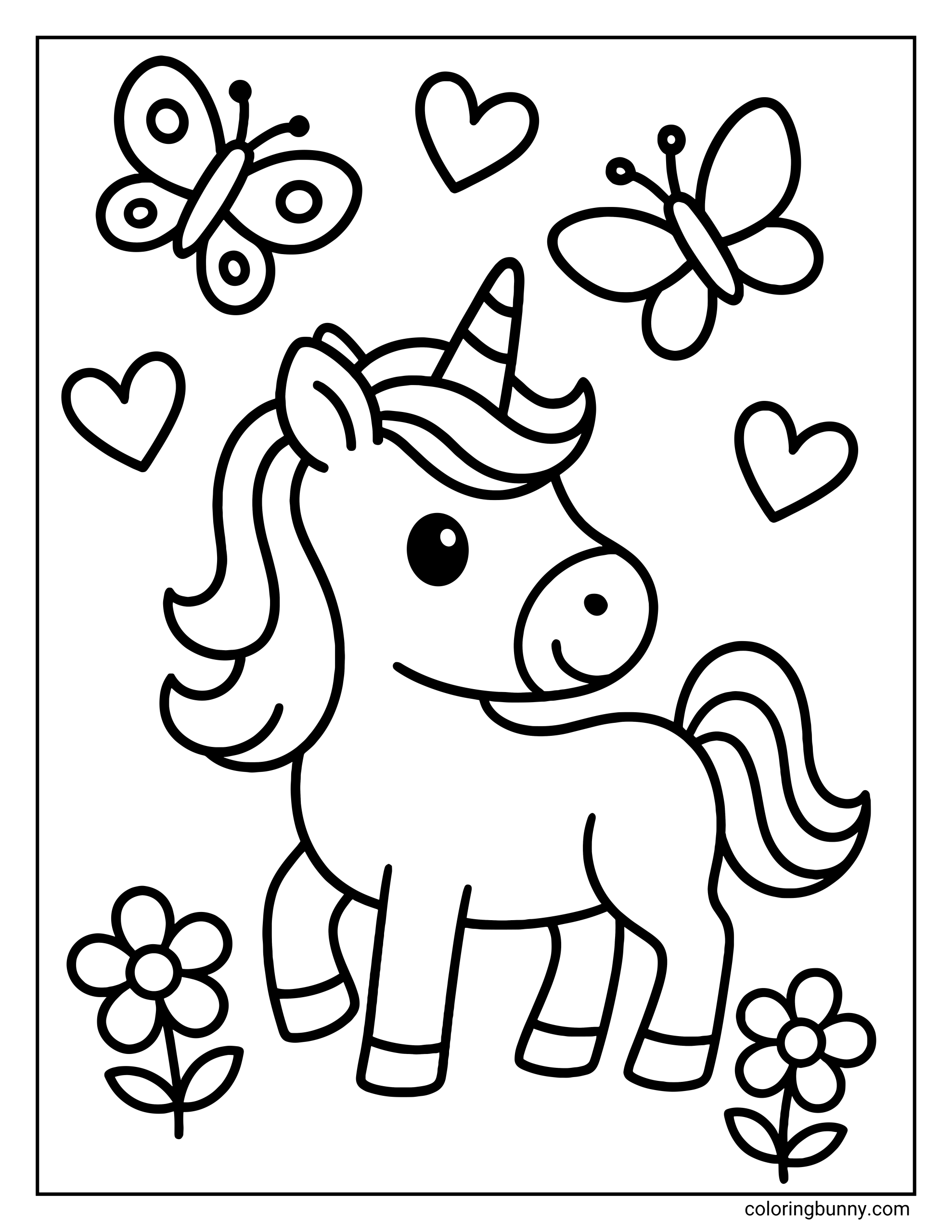 A simple coloring page of a cute unicorn standing among flowers. The background features two large butterflies and floating hearts.