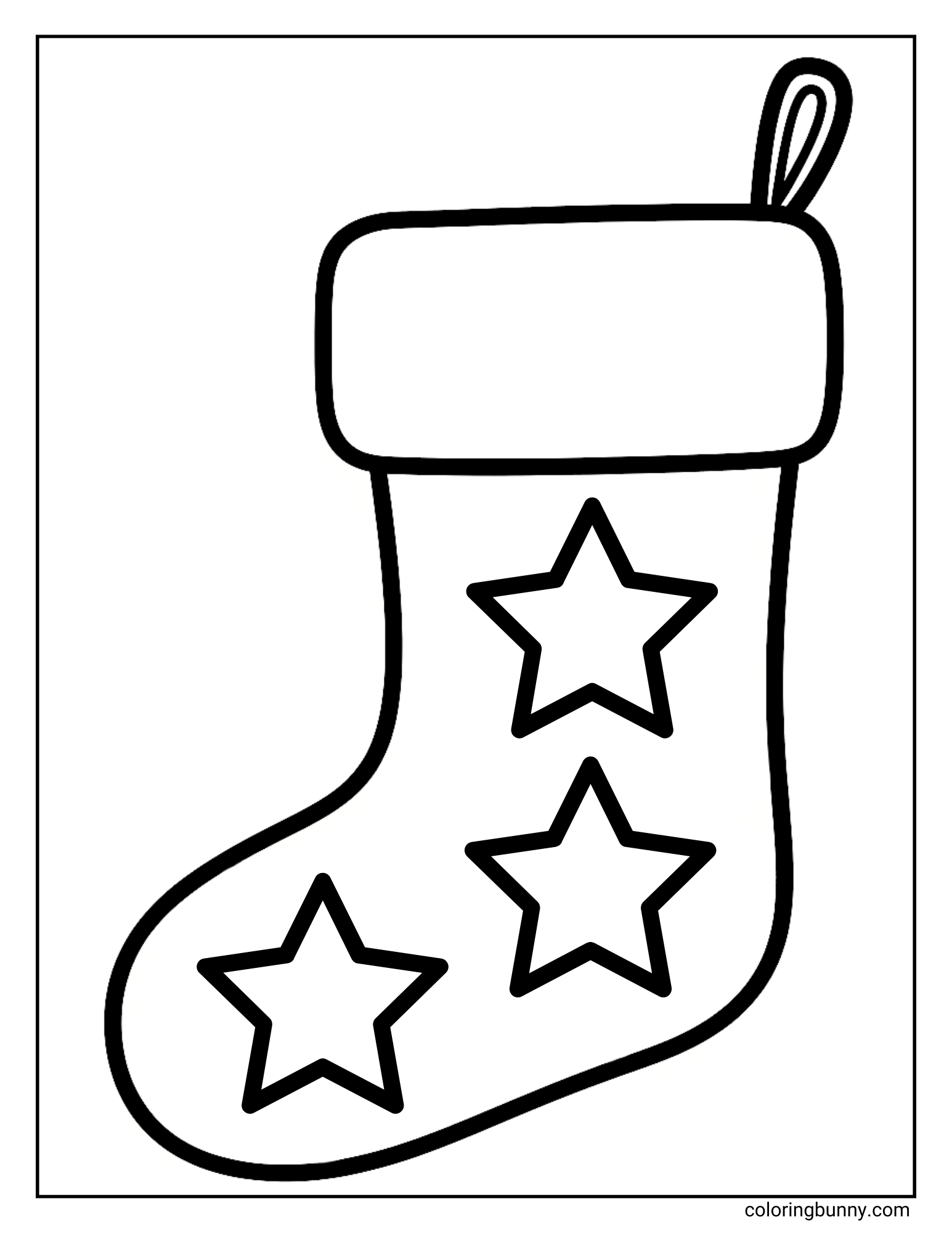 A simple Christmas stocking coloring page featuring a thick cuff and three large stars on the side.