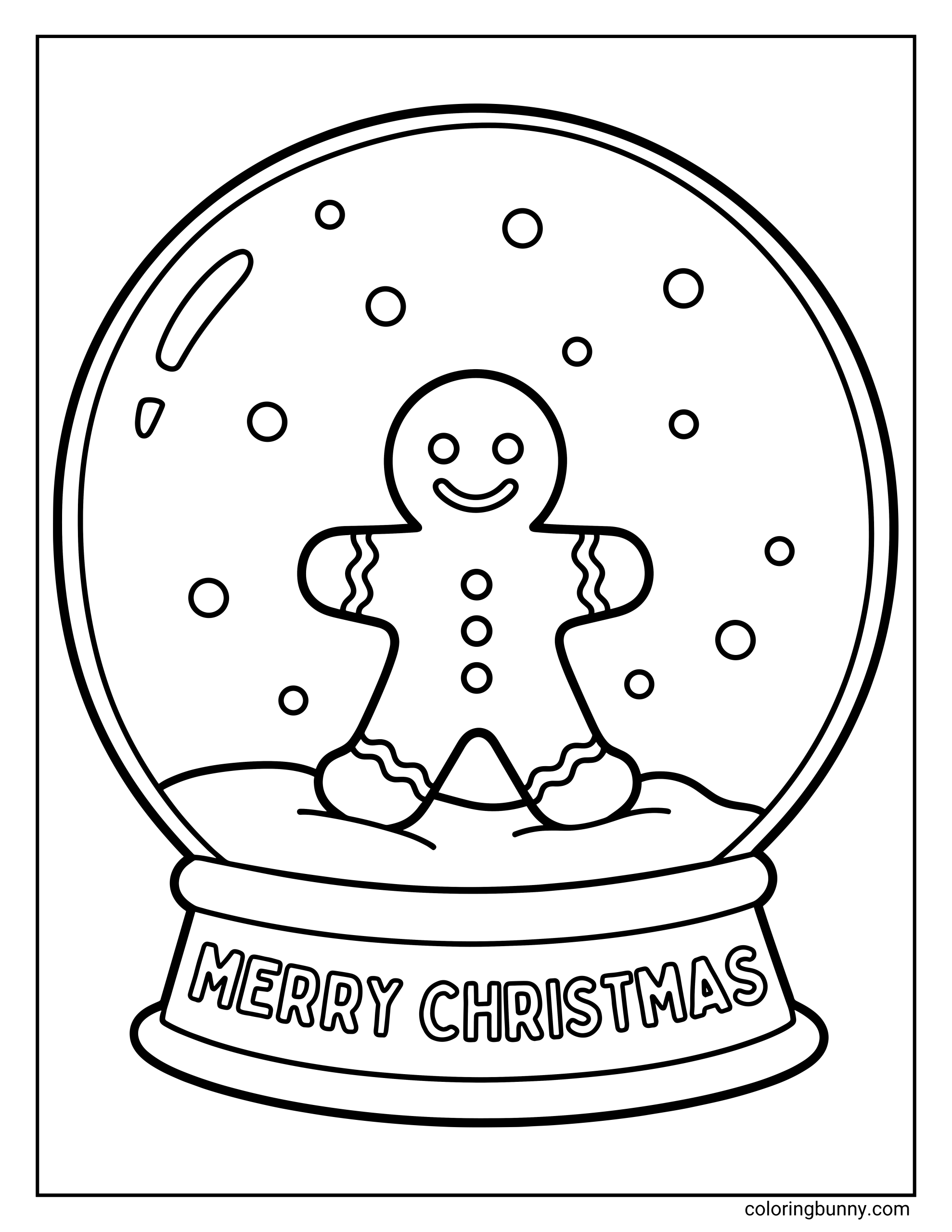 Christmas coloring page featuring a smiling gingerbread man inside a snow globe with falling snow and the text "MERRY CHRISTMAS" on the base.