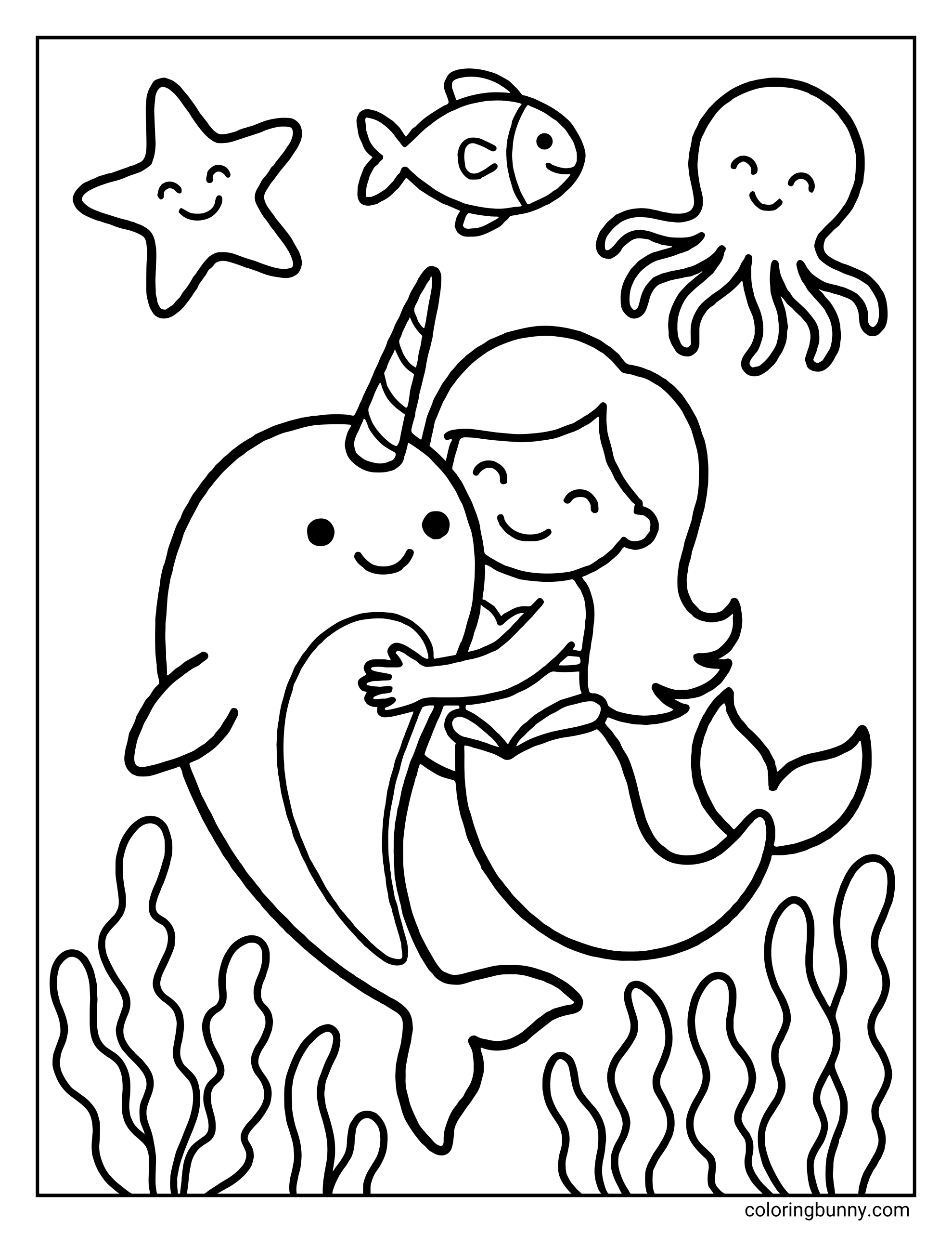 A coloring page of a mermaid hugging a cute narwhal, with a starfish, fish, and octopus swimming above them.