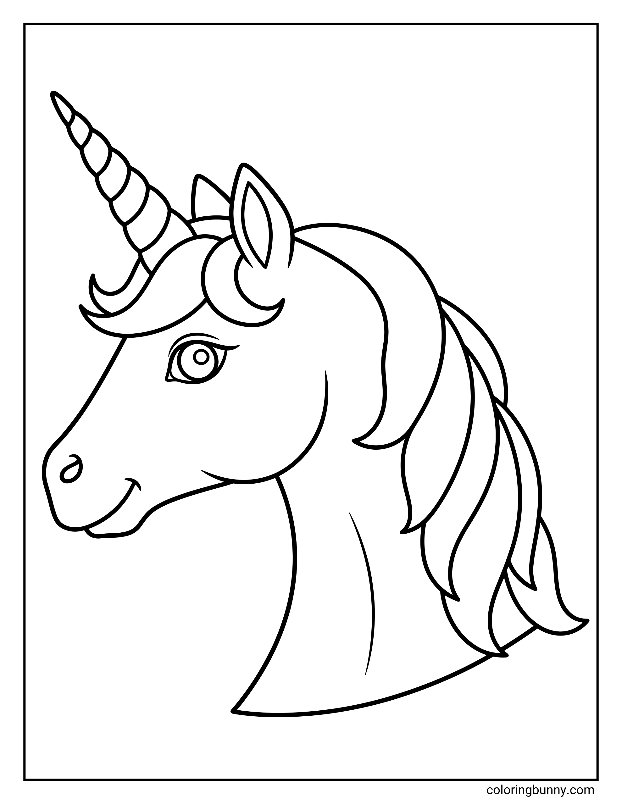 A simple coloring page of a unicorn head in profile facing left. The unicorn features a spiral horn, a flowing mane, a large eye with lashes, and a smiling mouth.