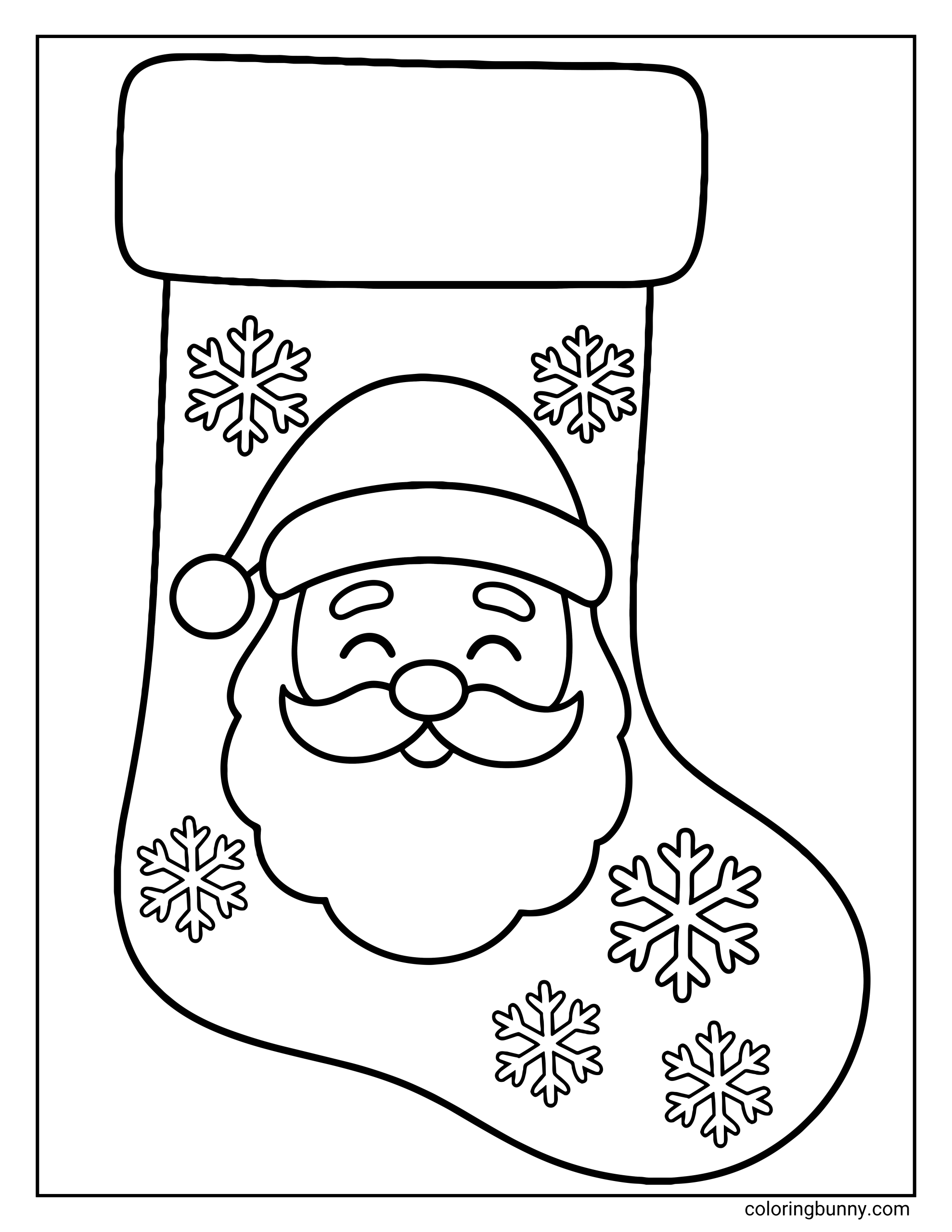 A Christmas stocking coloring page featuring a large smiling Santa face surrounded by snowflakes on the stocking body.