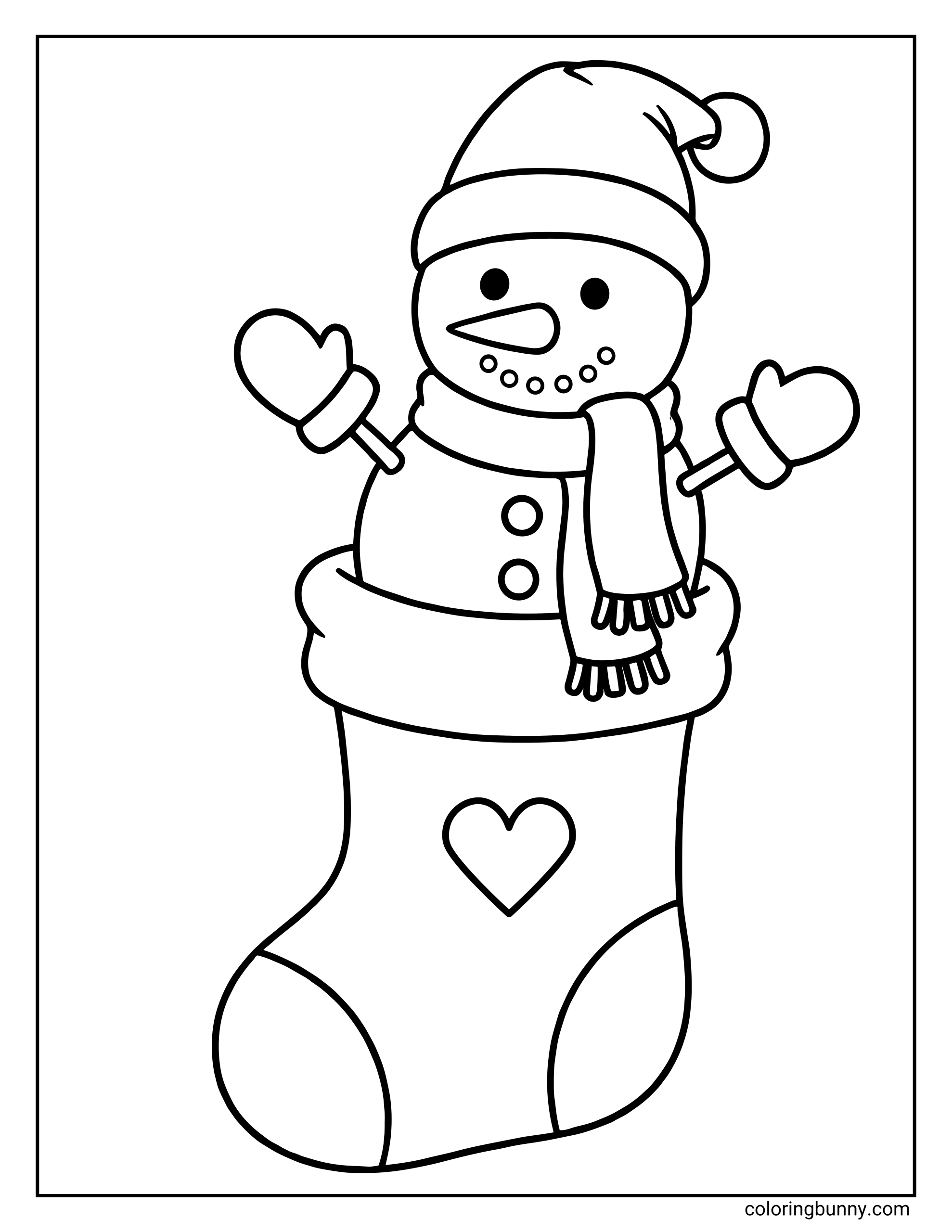 A snowman coloring page featuring a cute snowman wearing a Santa hat and mittens popping out of the top of a Christmas stocking.