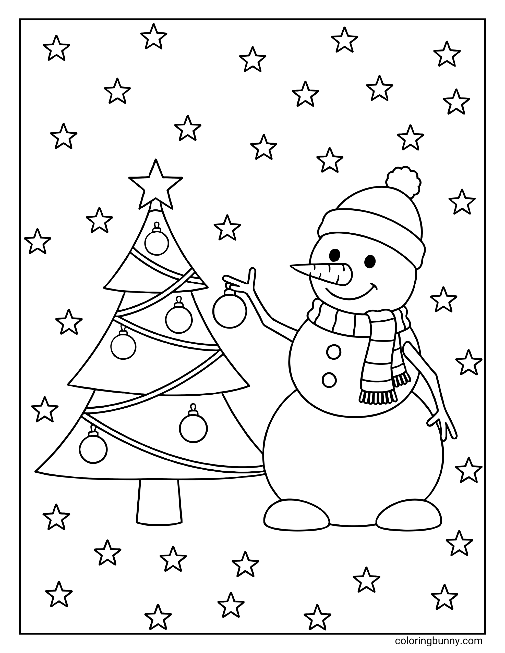 A snowman coloring page showing a happy character placing a bauble on a decorated Christmas tree surrounded by stars.