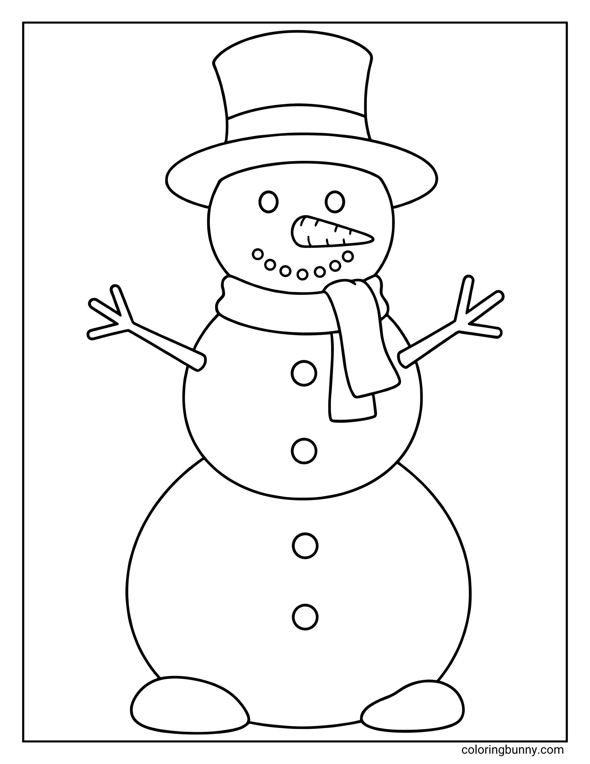 A simple snowman coloring page featuring a happy winter character with a top hat, scarf, and twig arms.