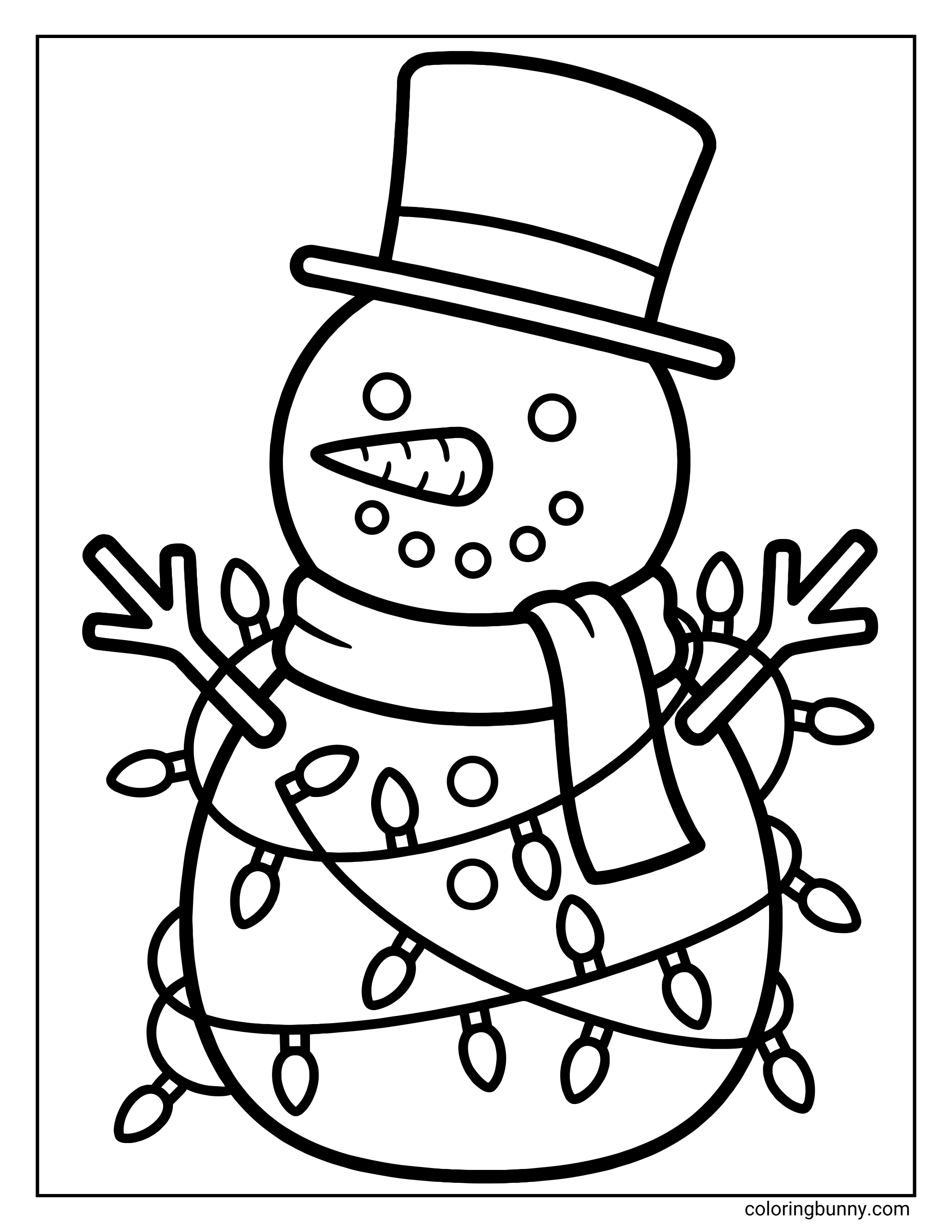 A funny snowman coloring page featuring a character in a top hat wrapped in a tangled string of Christmas lights.