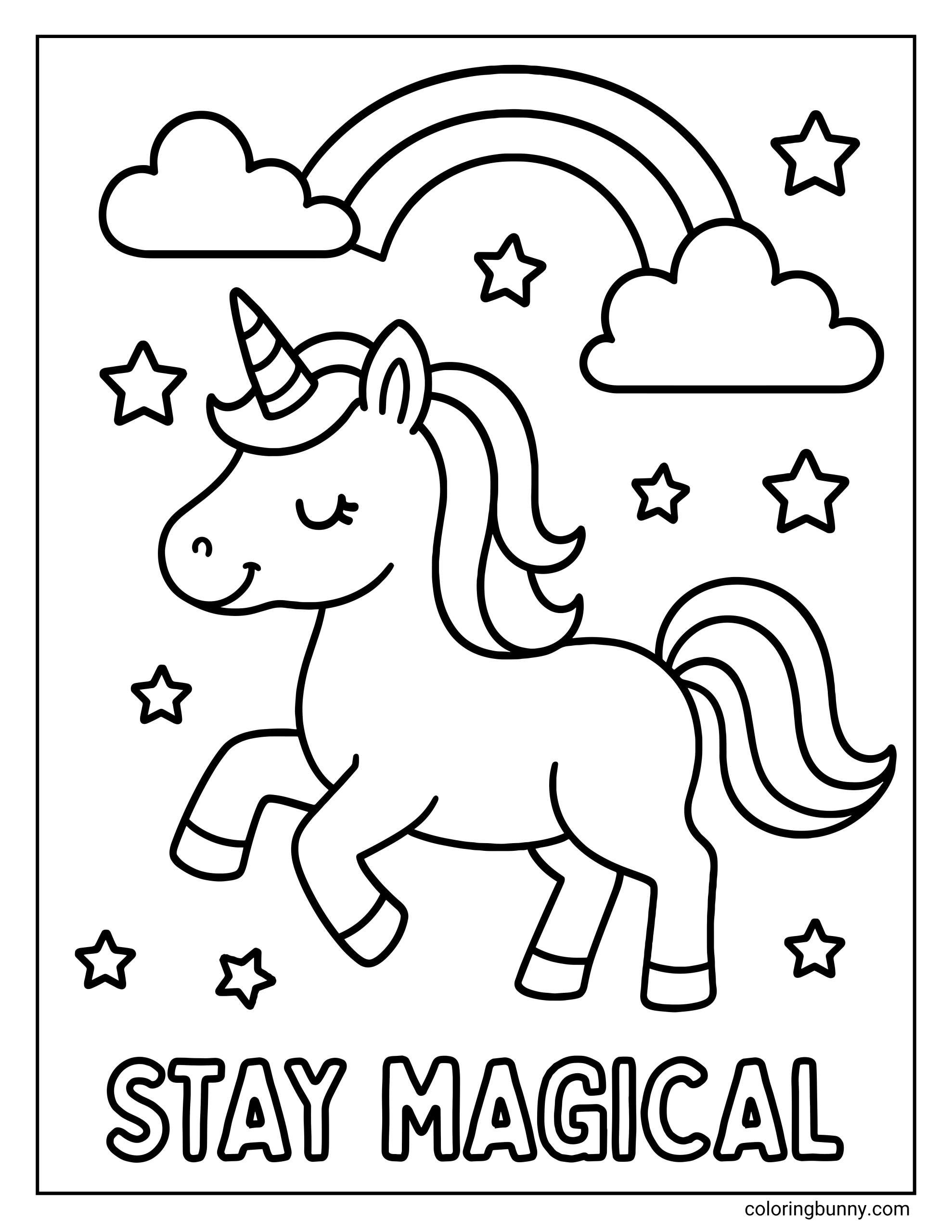 A delightful simple unicorn coloring page featuring a happy pony prancing under a rainbow and clouds. The scene is decorated with twinkling stars and the phrase "STAY MAGICAL" in big bubble letters at the bottom.