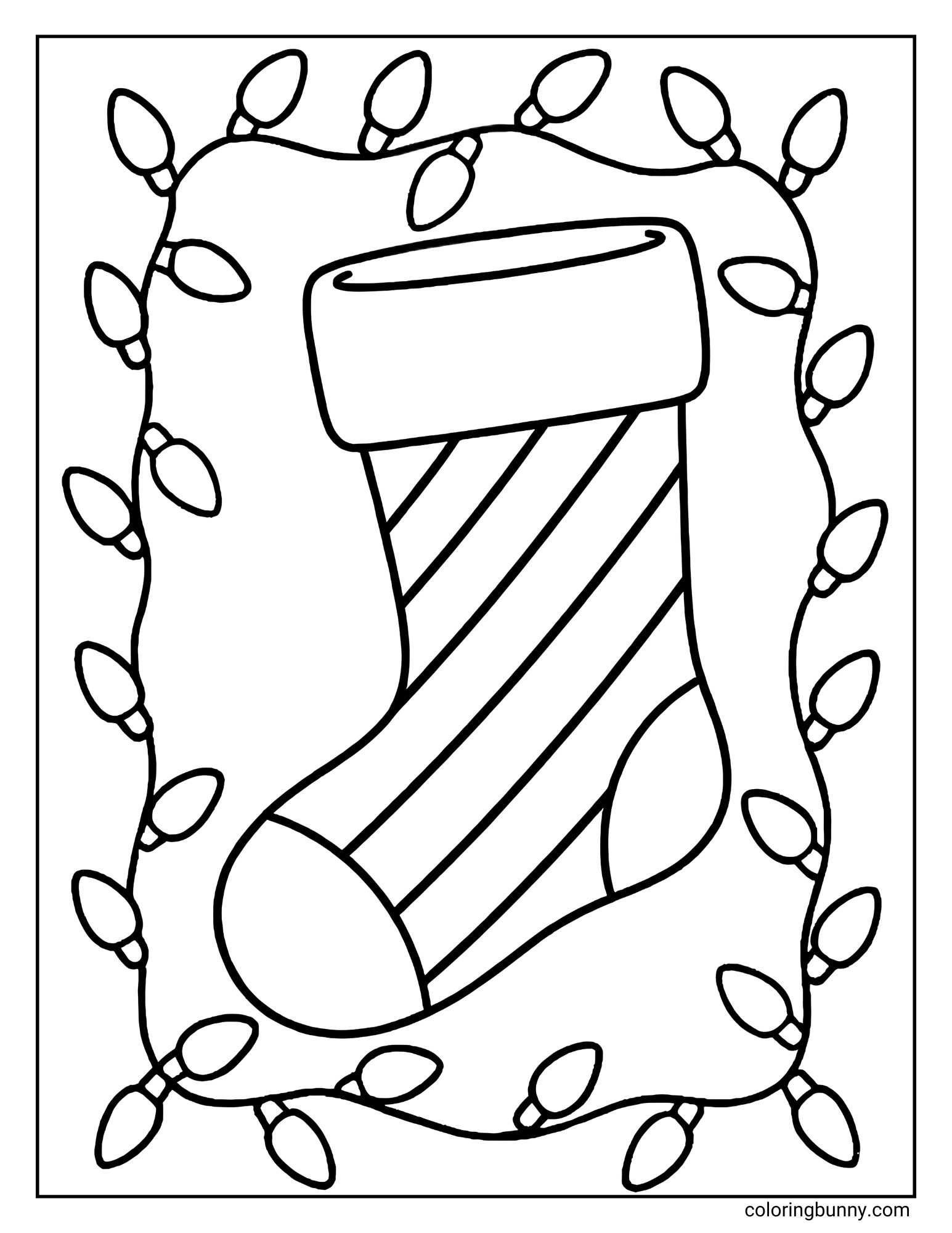 A Christmas stocking coloring page featuring a striped sock framed by a border of Christmas lights.