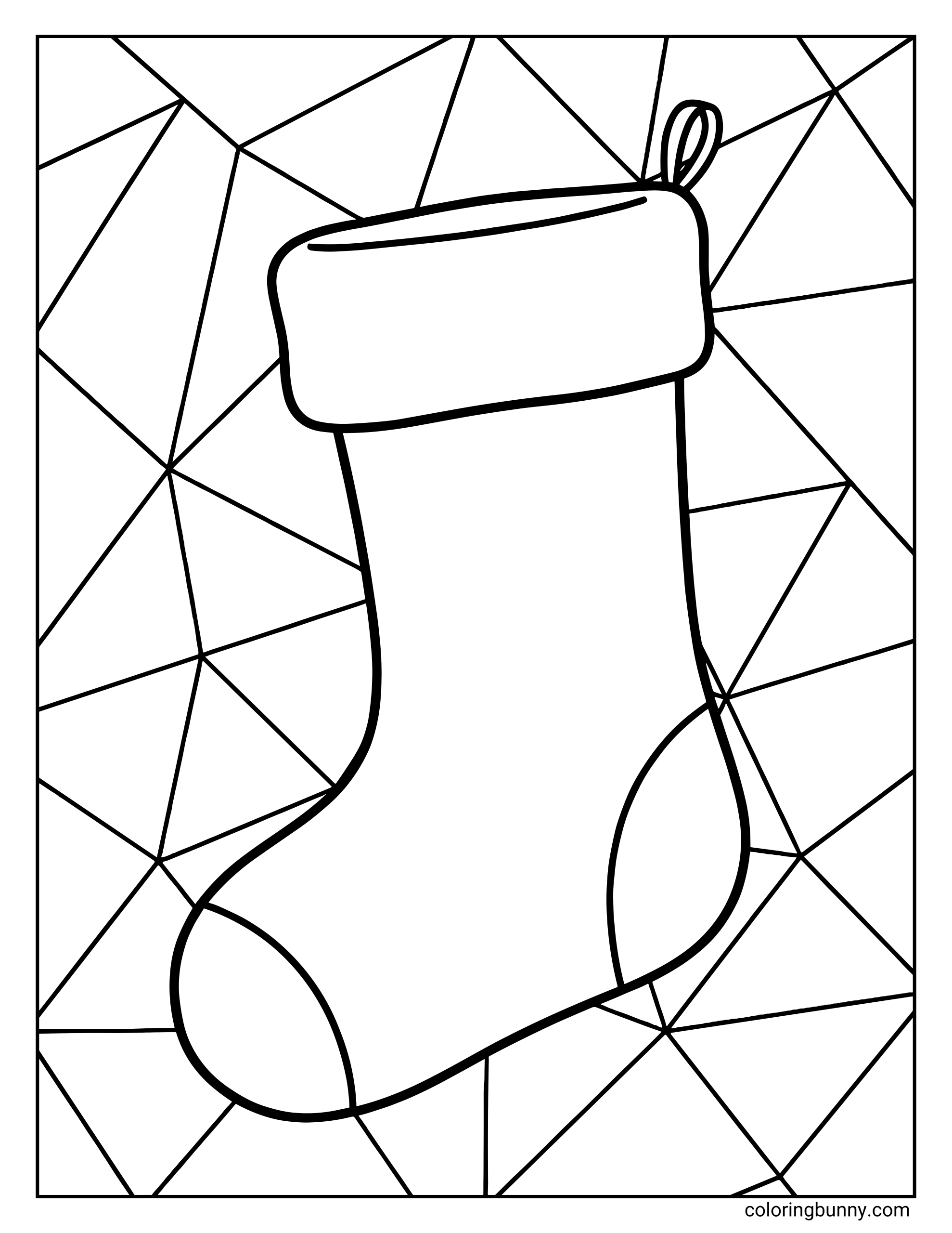 A Christmas stocking coloring page with a simple outline in front of a geometric crystal background.