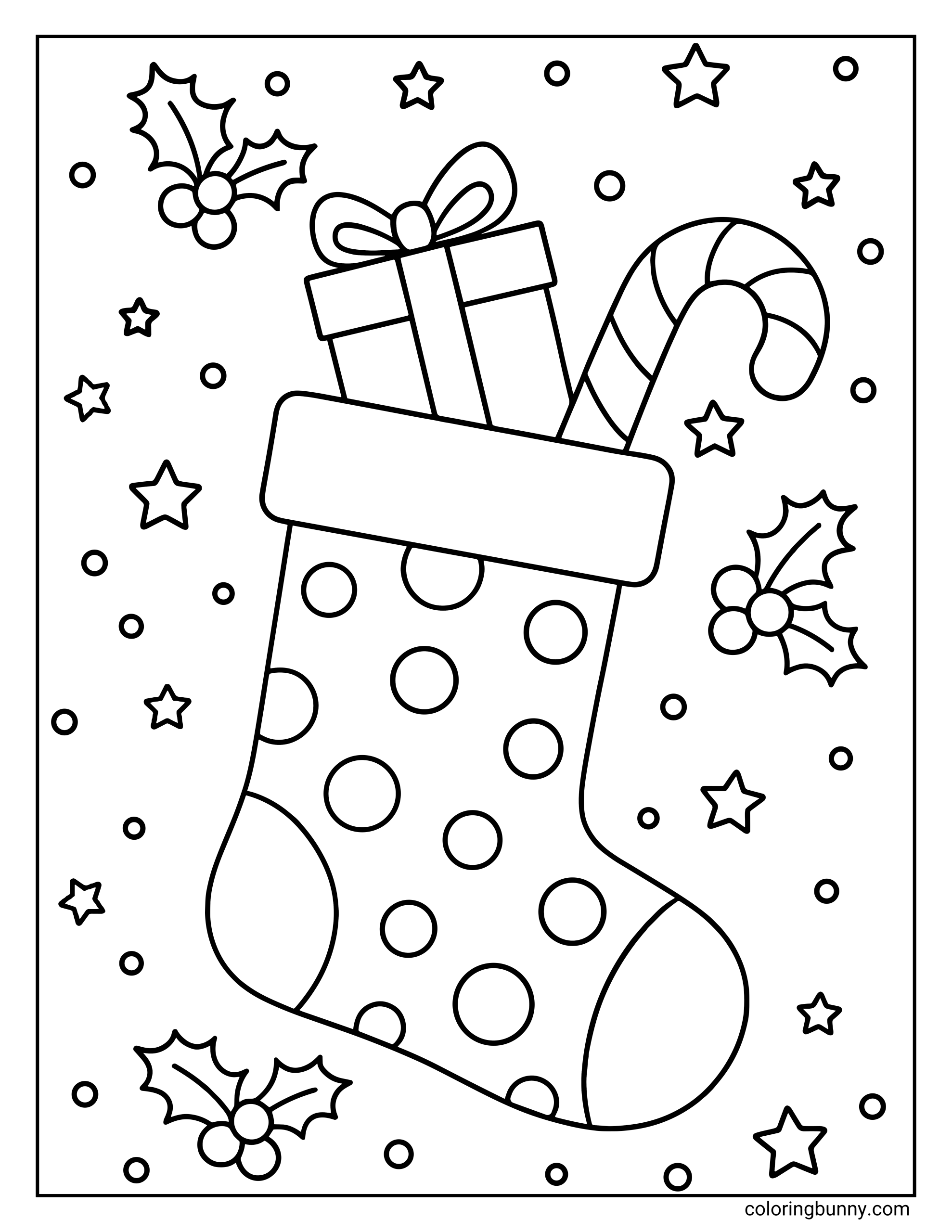 A vertical coloring page showing a polka-dot Christmas stocking filled with a wrapped gift box and a candy cane, surrounded by holly leaves and stars.