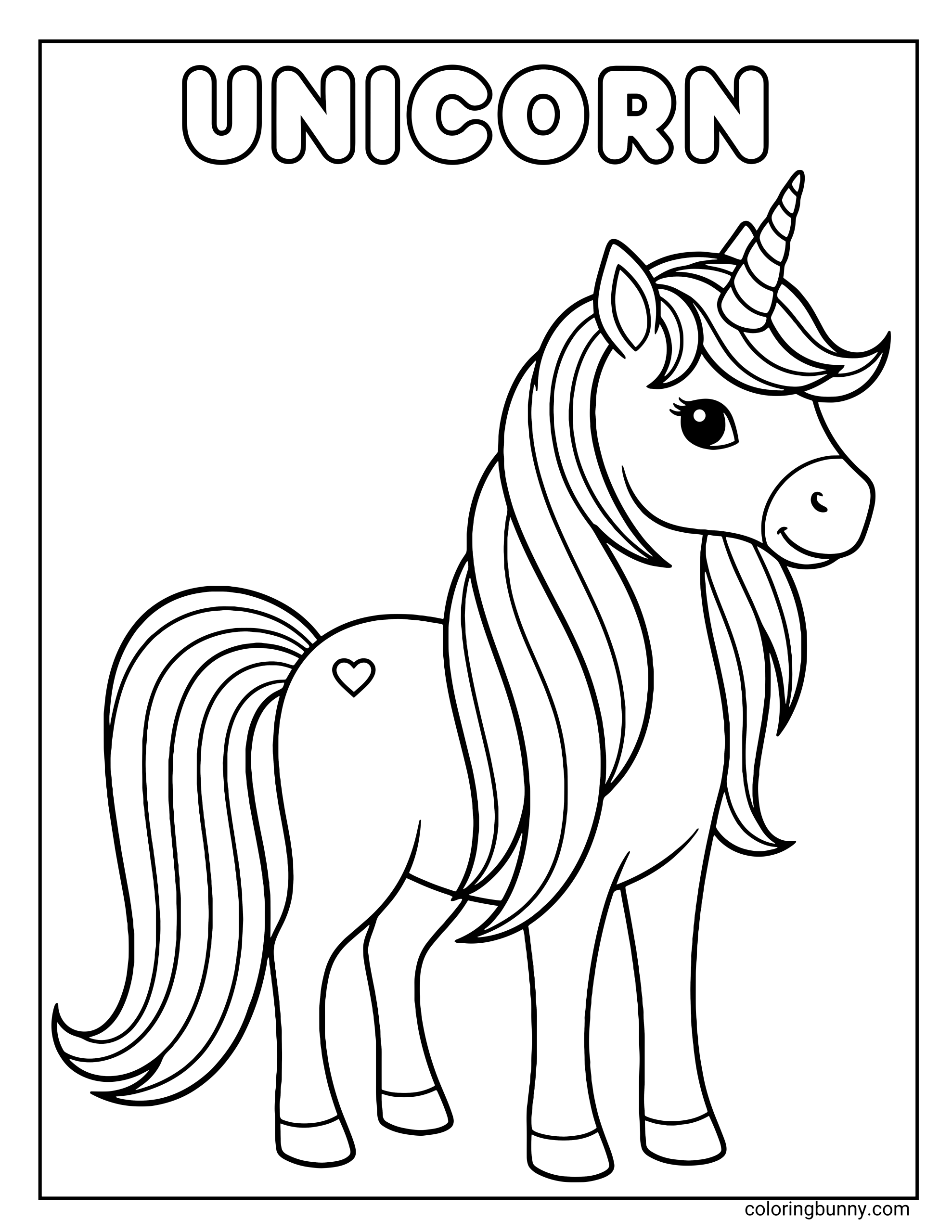 A simple kids coloring page of a standing unicorn with a flowing mane and tail. The pony has a heart shape on its flank and the word "UNICORN" written in bubble letters at the top.