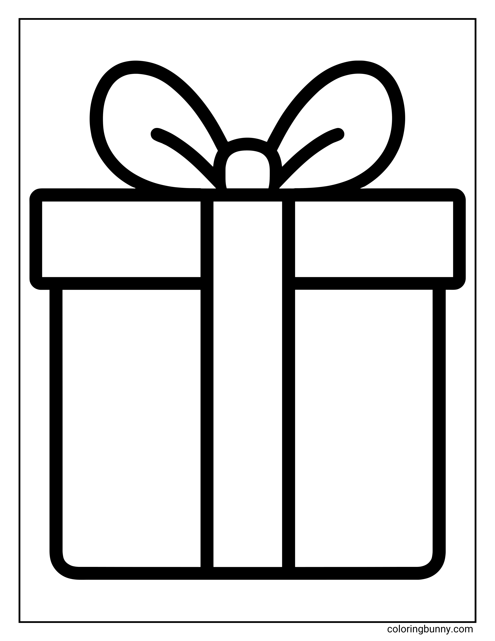 Easy Christmas coloring page featuring a wrapped square gift box with a ribbon and a large bow on top.