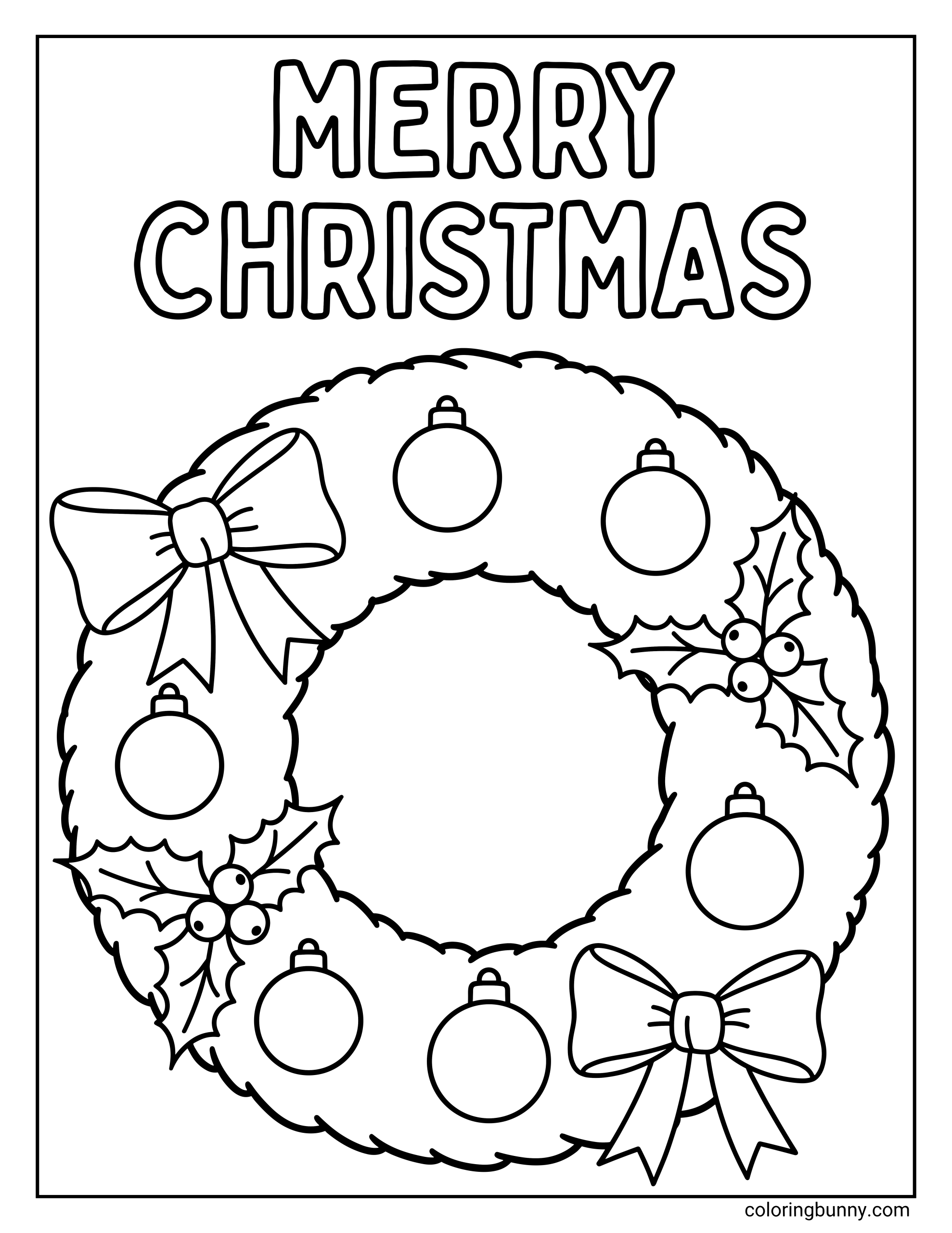 A Merry Christmas wreath coloring page featuring a large bow, round ornaments, and holly leaves surrounding a blank center for drawing.