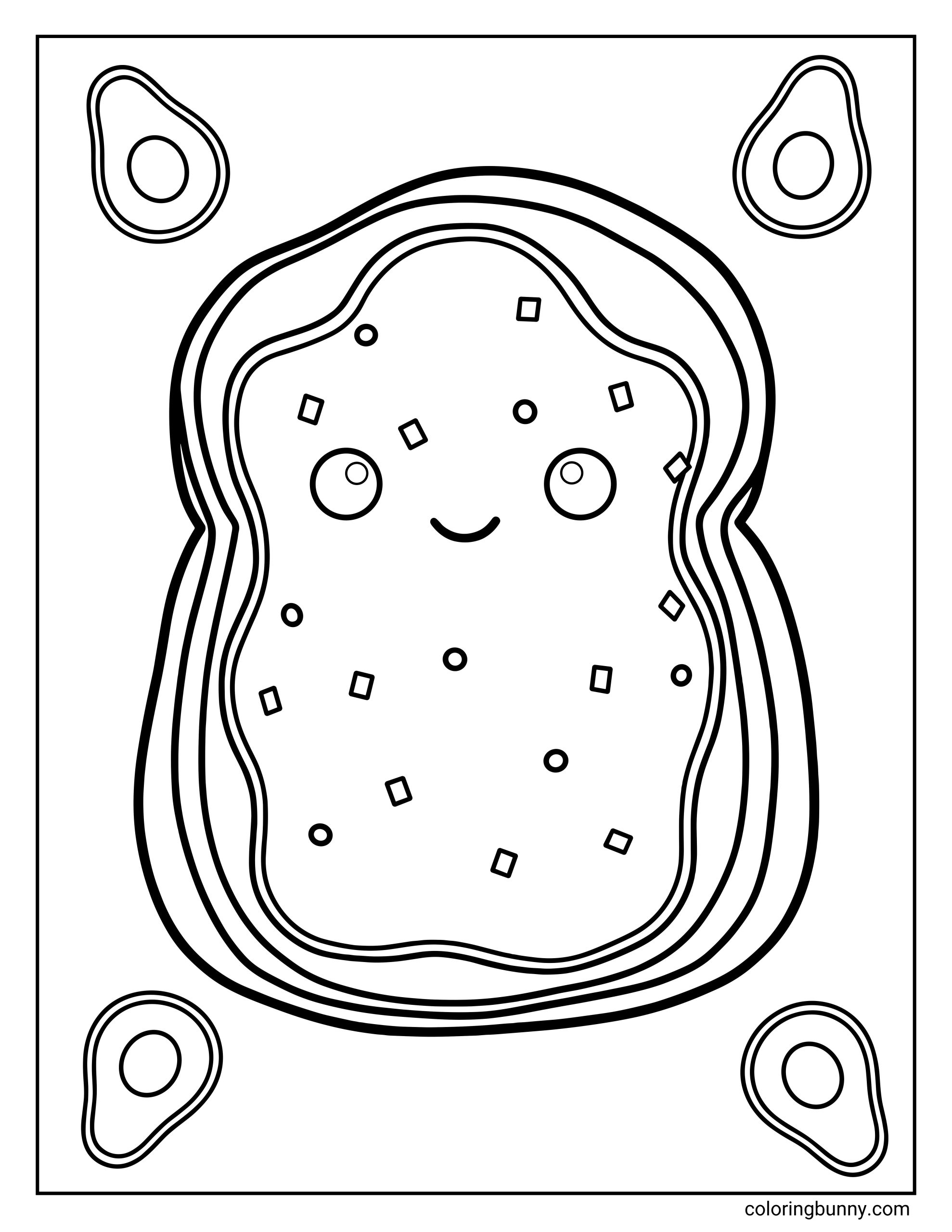 A Squishmallow coloring page of Sinclair the Avacado Toast character with a rounded, layered outline, a cute smiling face, and sprinkle-like details across the center. The avocado toast is surrounded by small avocado halves in the corners, creating a playful food-themed coloring page.
