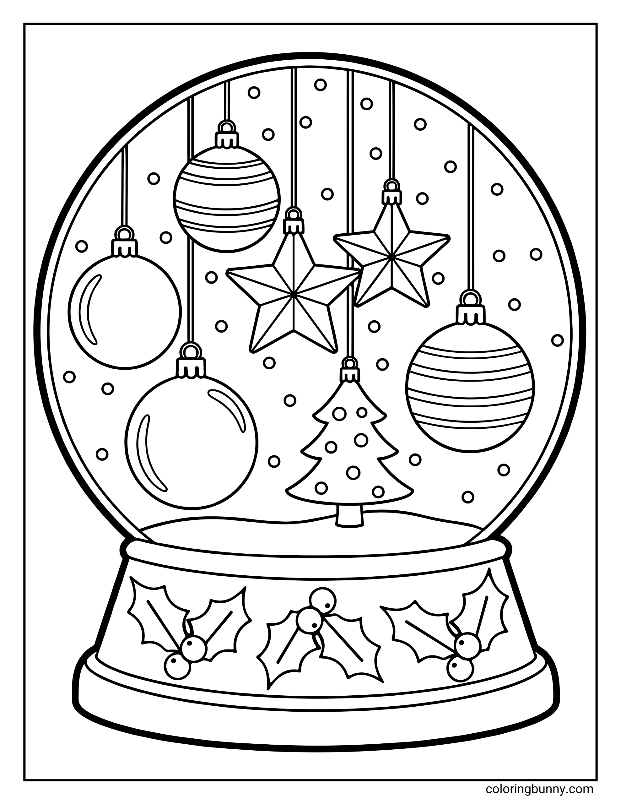 Christmas snow globe coloring page featuring hanging ornaments including stars, round baubles, and a Christmas tree, with holly leaves on the base.