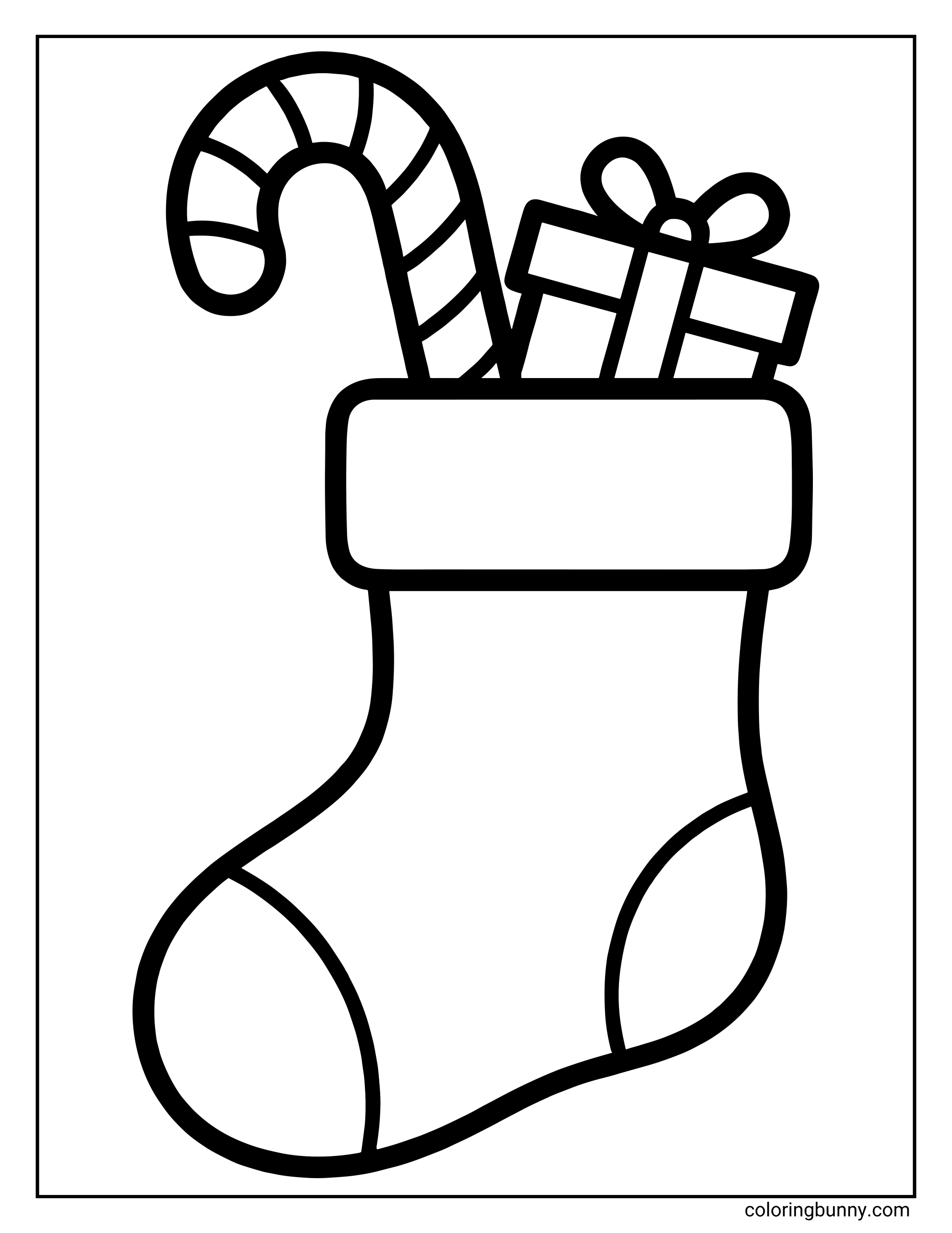 An easy Christmas stocking coloring page featuring a sock stuffed with holiday treats, including a large striped candy cane and a wrapped gift box peeking out the top.