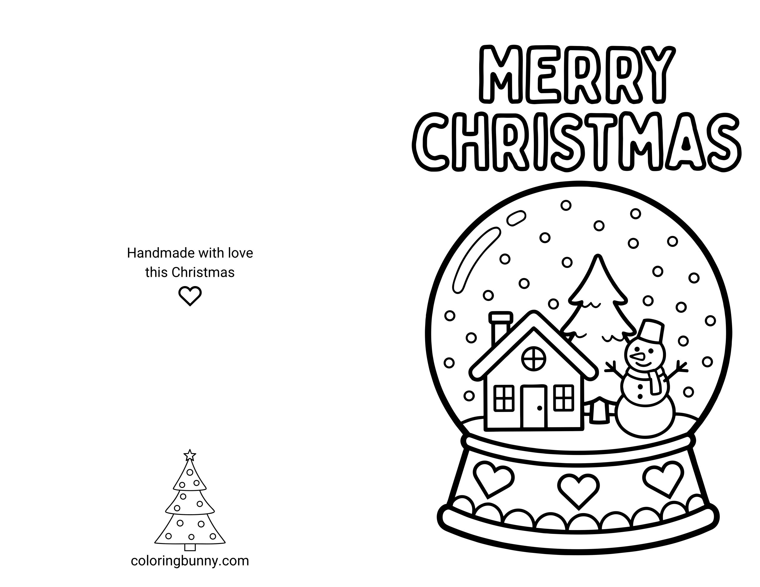 A printable and foldable Christmas card coloring page featuring a large snow globe with a cozy house, a Christmas tree, and a smiling snowman inside, surrounded by falling snow. Above the snow globe, bold block letters spell “Merry Christmas.” The left half shows the back of the card with the text “Handmade with love this Christmas,” a small heart icon, and a simple Christmas tree illustration.