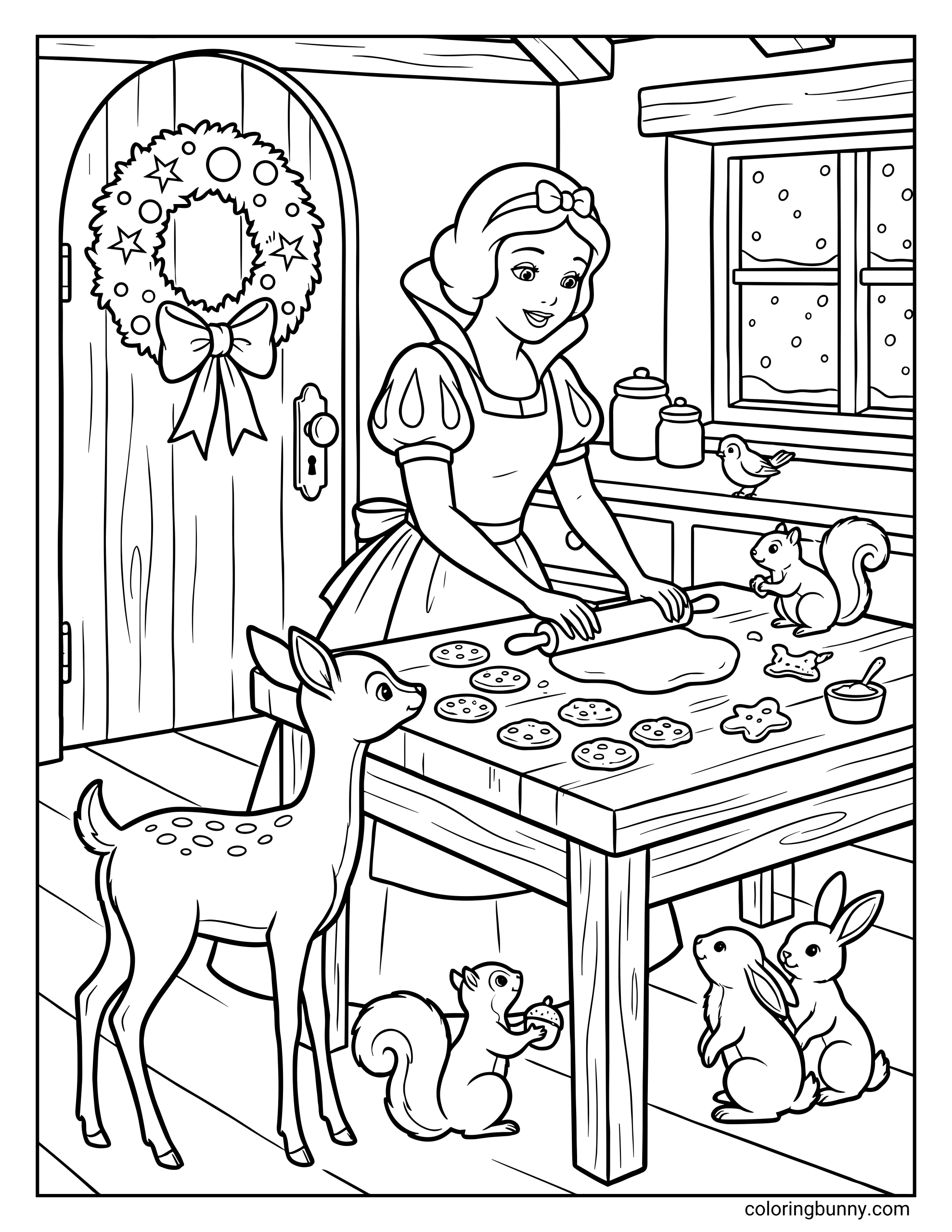 A Disney Christmas coloring page of Snow White baking cookies in a cozy kitchen, rolling dough on a wooden table while forest animals gather around, including a deer, rabbits, squirrels, and birds, with festive wreaths, jars on the windowsill, and snow falling outside.