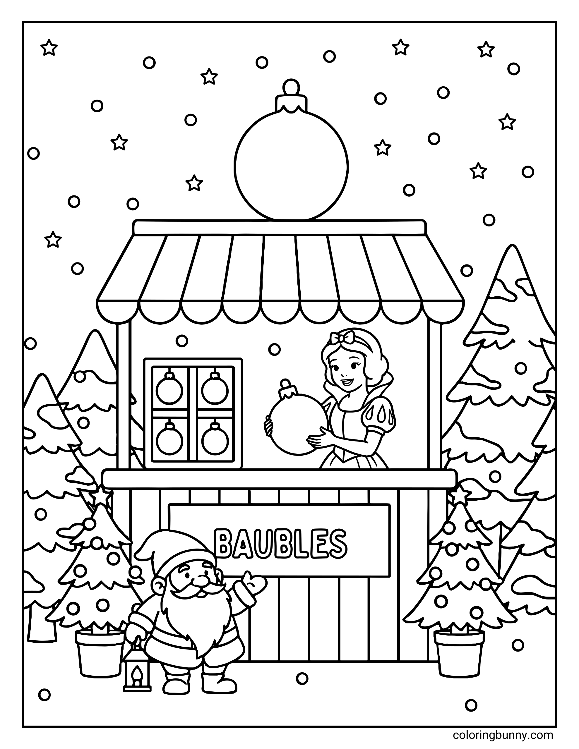 A Disney Christmas coloring page of Snow White standing at a festive market stall selling Christmas baubles, holding a large ornament while a gnome dressed as Santa smiles below, with decorated trees, falling snow, a striped awning, and a sign reading “Baubles.”