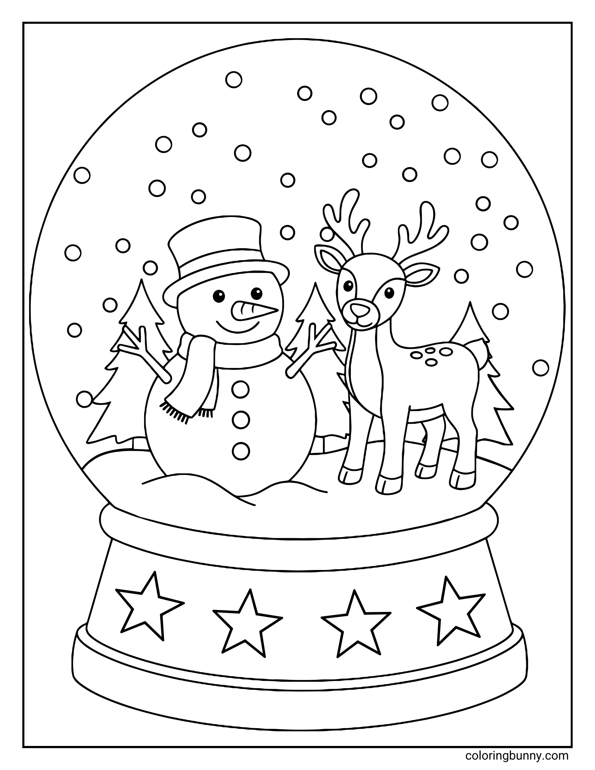 Christmas snow globe coloring page featuring a snow globe containing a happy snowman and a cute reindeer standing together among pine trees, with stars on the base.
