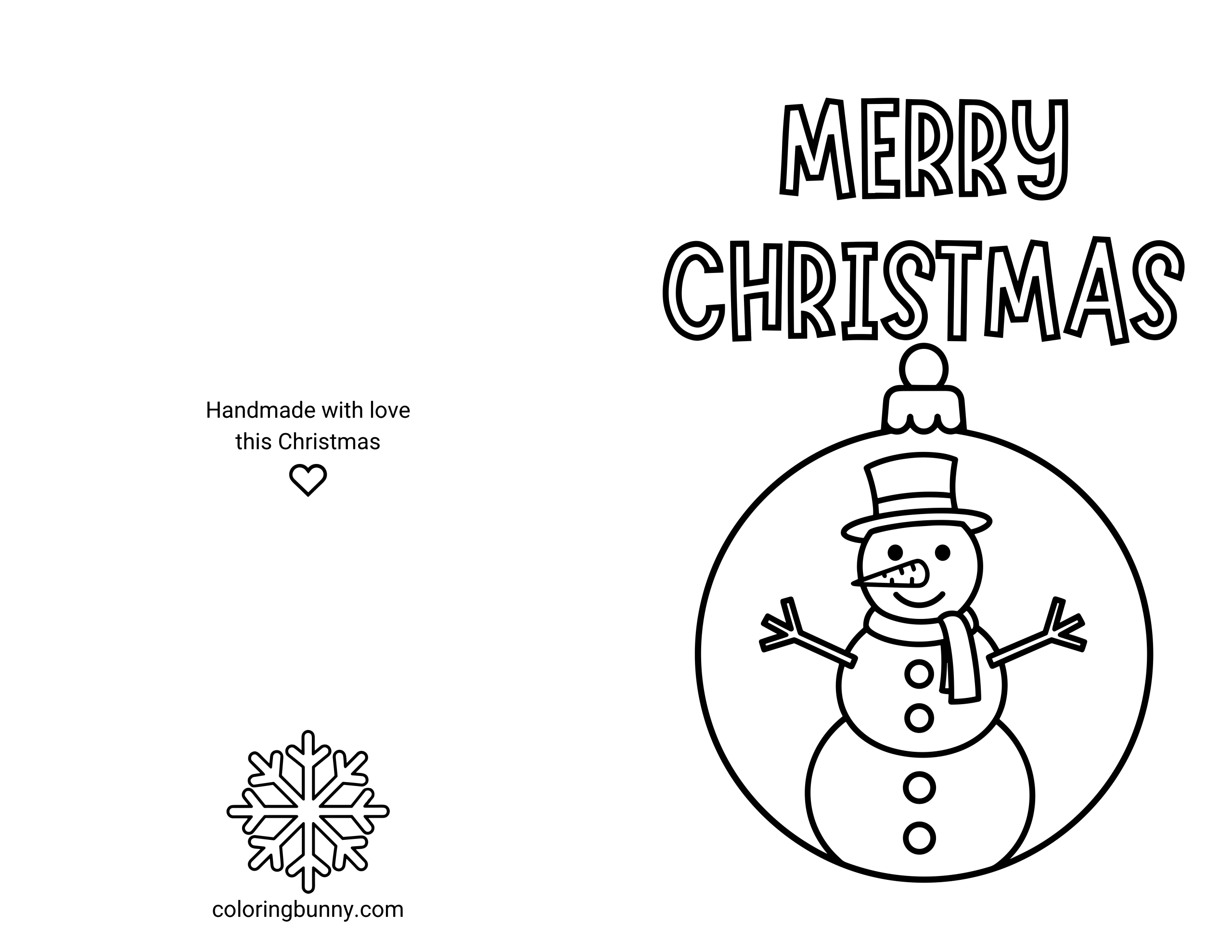 A printable and foldable Christmas card coloring page featuring a cheerful snowman inside a large Christmas bauble. Above the bauble, bold block letters spell out “Merry Christmas.” On the left half of the page, the back of the card includes the text “Handmade with love this Christmas,” a small heart icon, and a snowflake illustration.