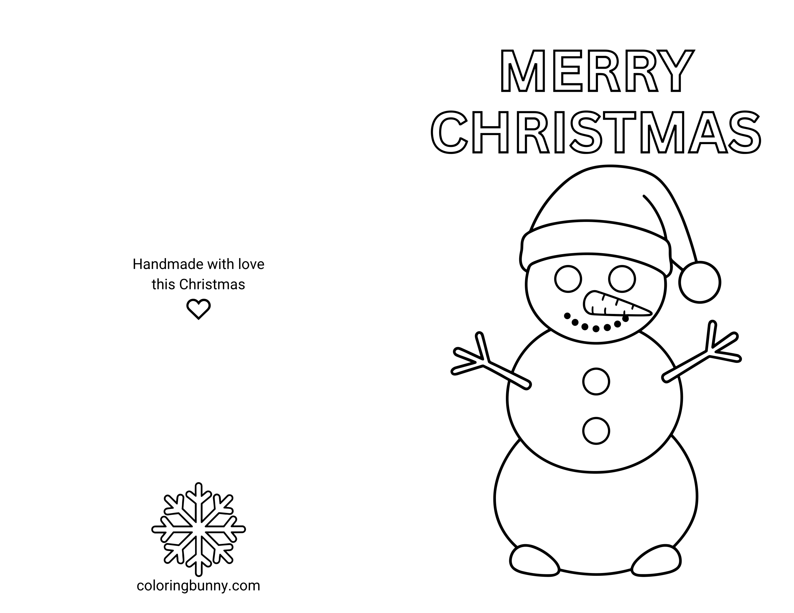A printable and foldable Christmas card coloring page featuring a cheerful snowman with stick arms, a Santa hat, button details, and a carrot nose. Above the snowman, bold block letters spell “Merry Christmas.” On the left half of the page, the back of the card displays the text “Handmade with love this Christmas,” a small heart icon, and a snowflake illustration.