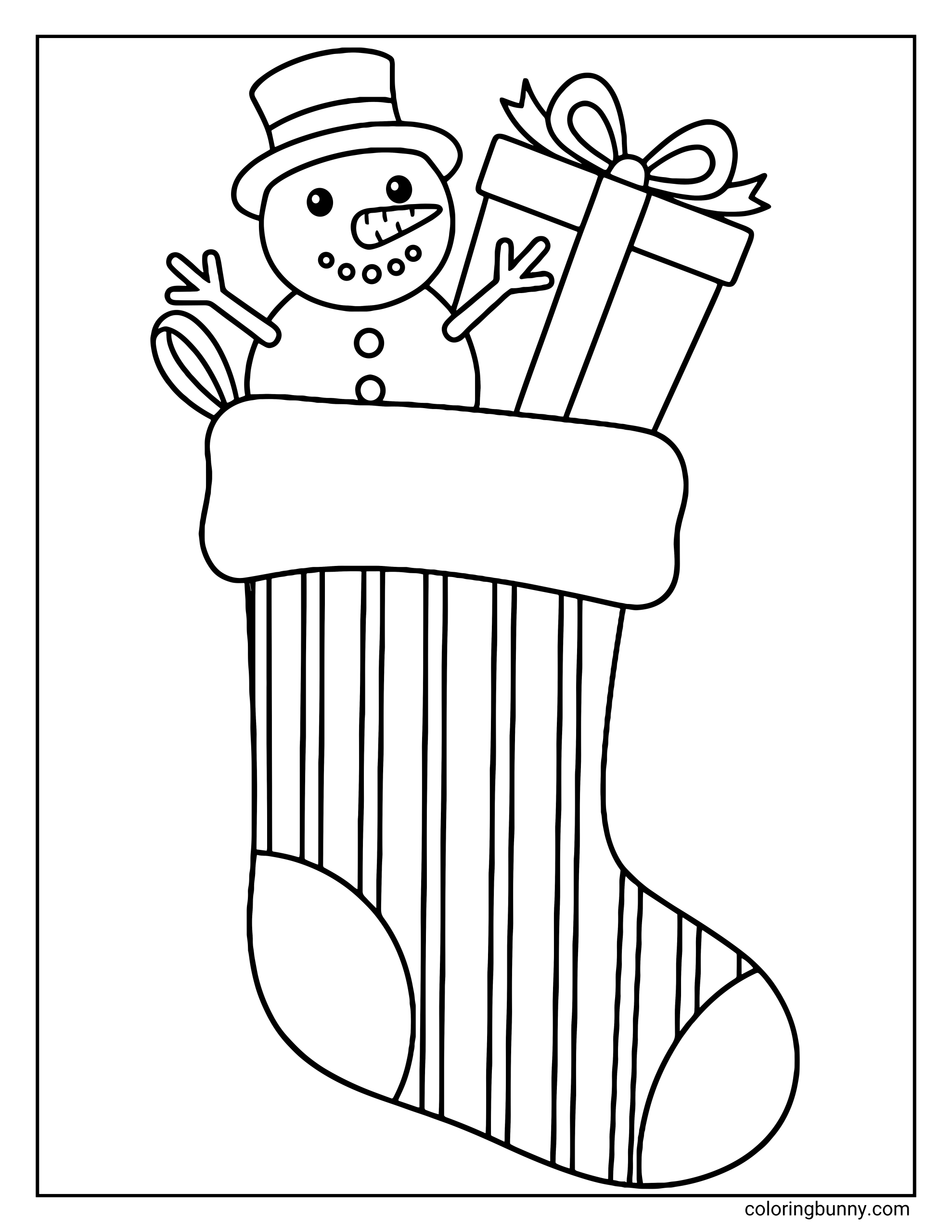 A Christmas stocking coloring page showing a happy snowman with a hat and carrot nose popping out of a large striped stocking. A wrapped present with a bow sits beside the snowman inside the stocking. The picture is outlined within a simple rectangular border.