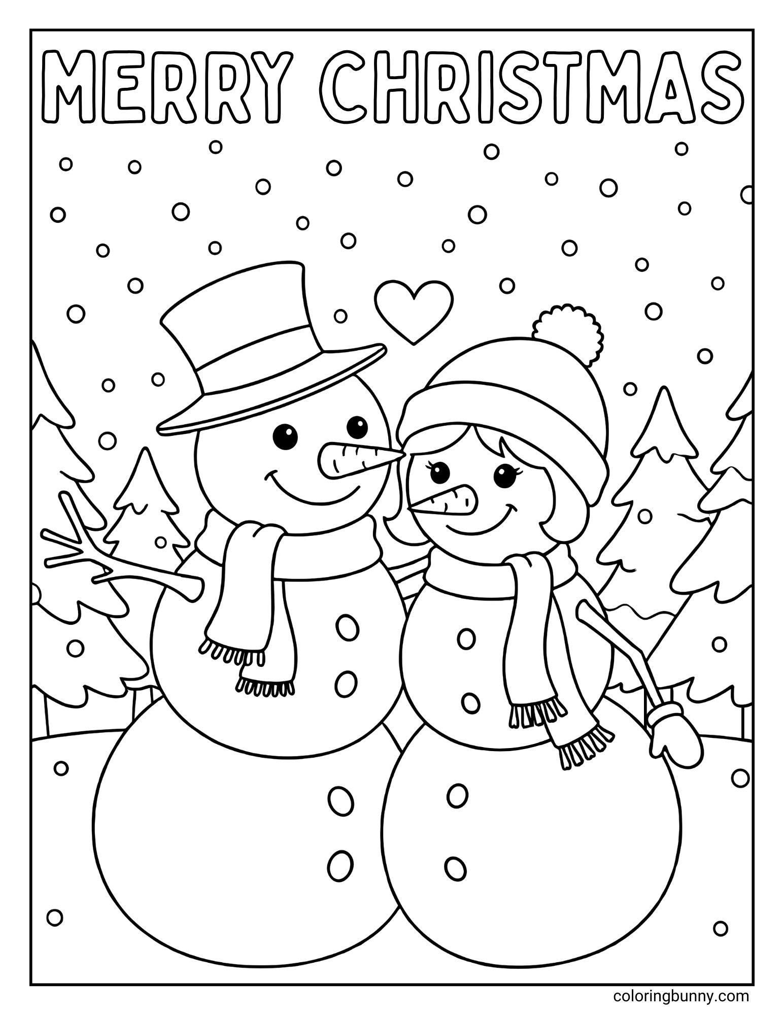 A snowman coloring page featuring a snowman and snowwoman standing together with a heart, trees, and falling snow.