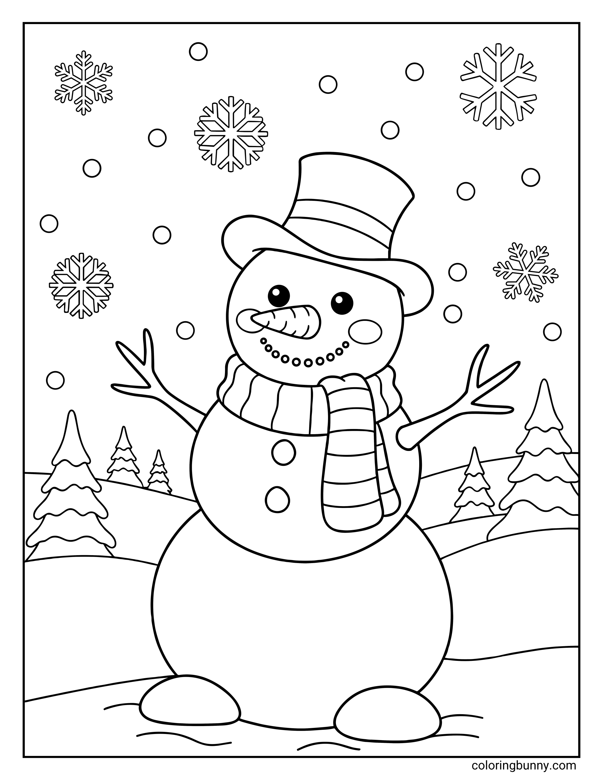 Snowman coloring page of a snowman with a hat and scarf on with a winter themed background of hills, pine trees, round snow and snowflakes.