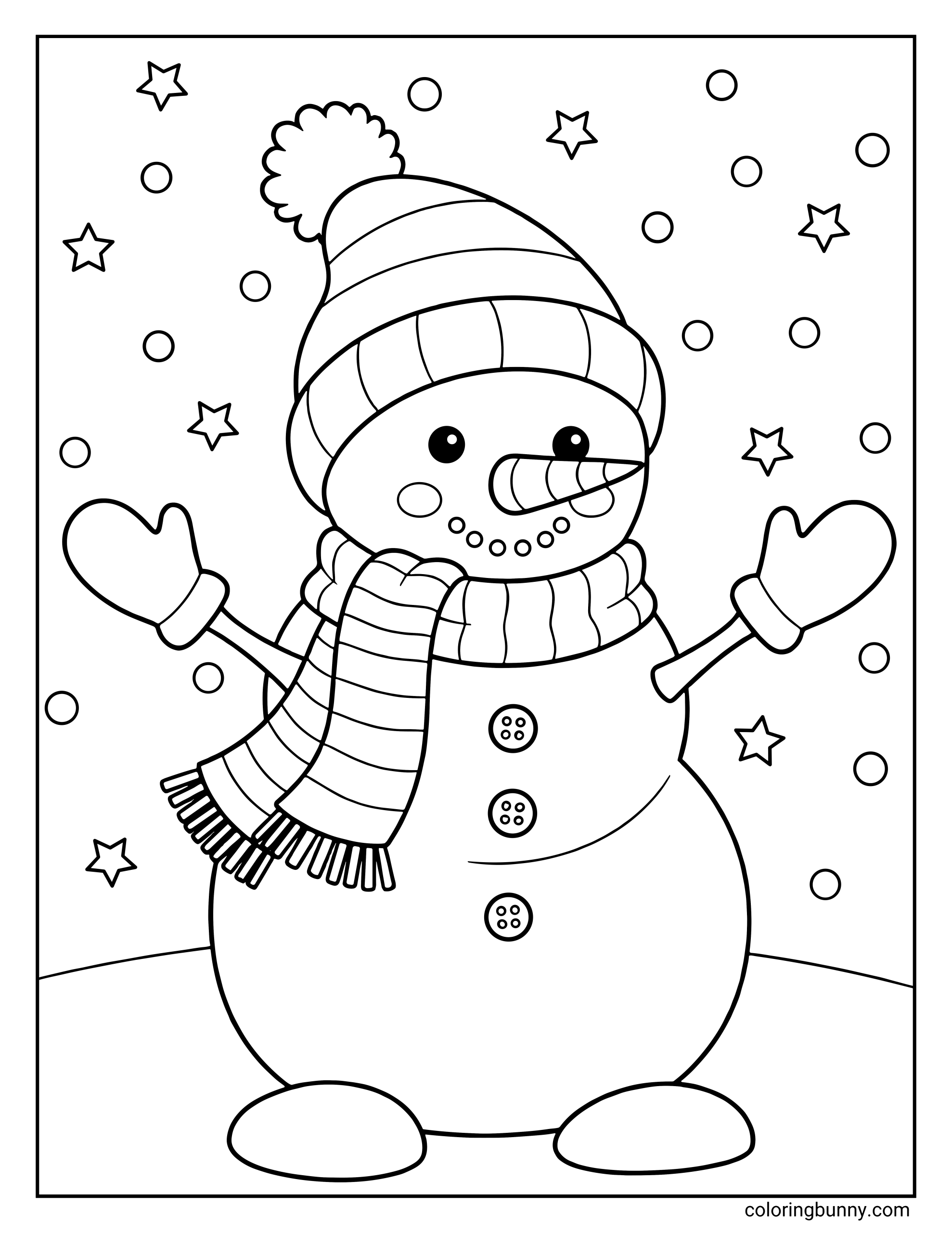 A snowman coloring page featuring a happy snowman wearing a striped hat, scarf, and mittens, standing under a starry sky.