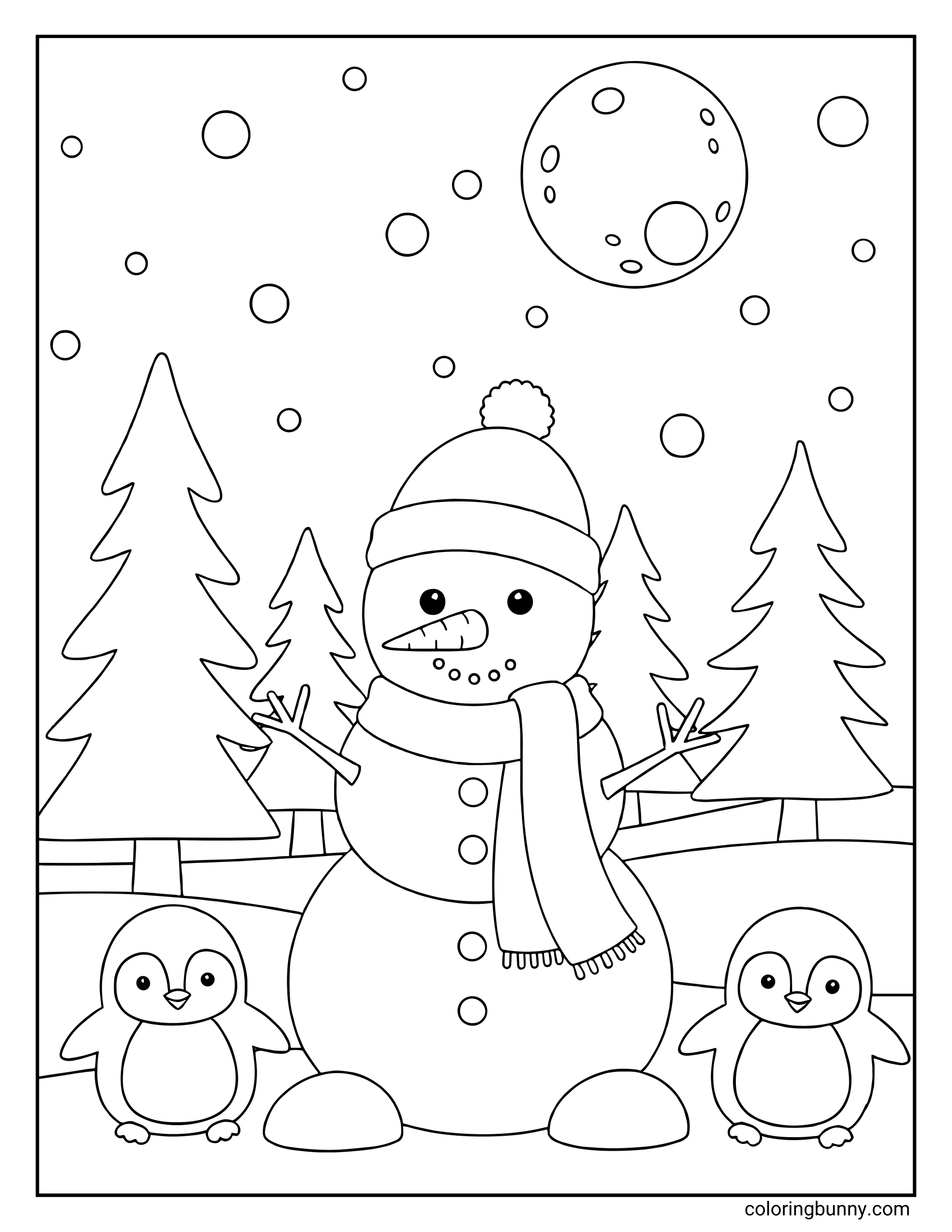 A winter scene coloring page featuring a large snowman standing between two small penguins with pine trees and a full moon in the background.