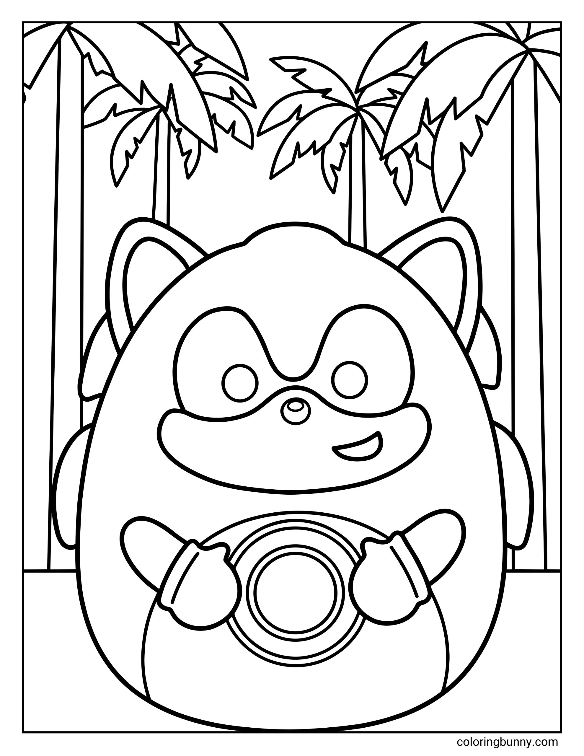 A Squishmallow coloring page showing Sonic the Hedgehog holding a ring, smiling confidently in a tropical scene with palm trees in the background.