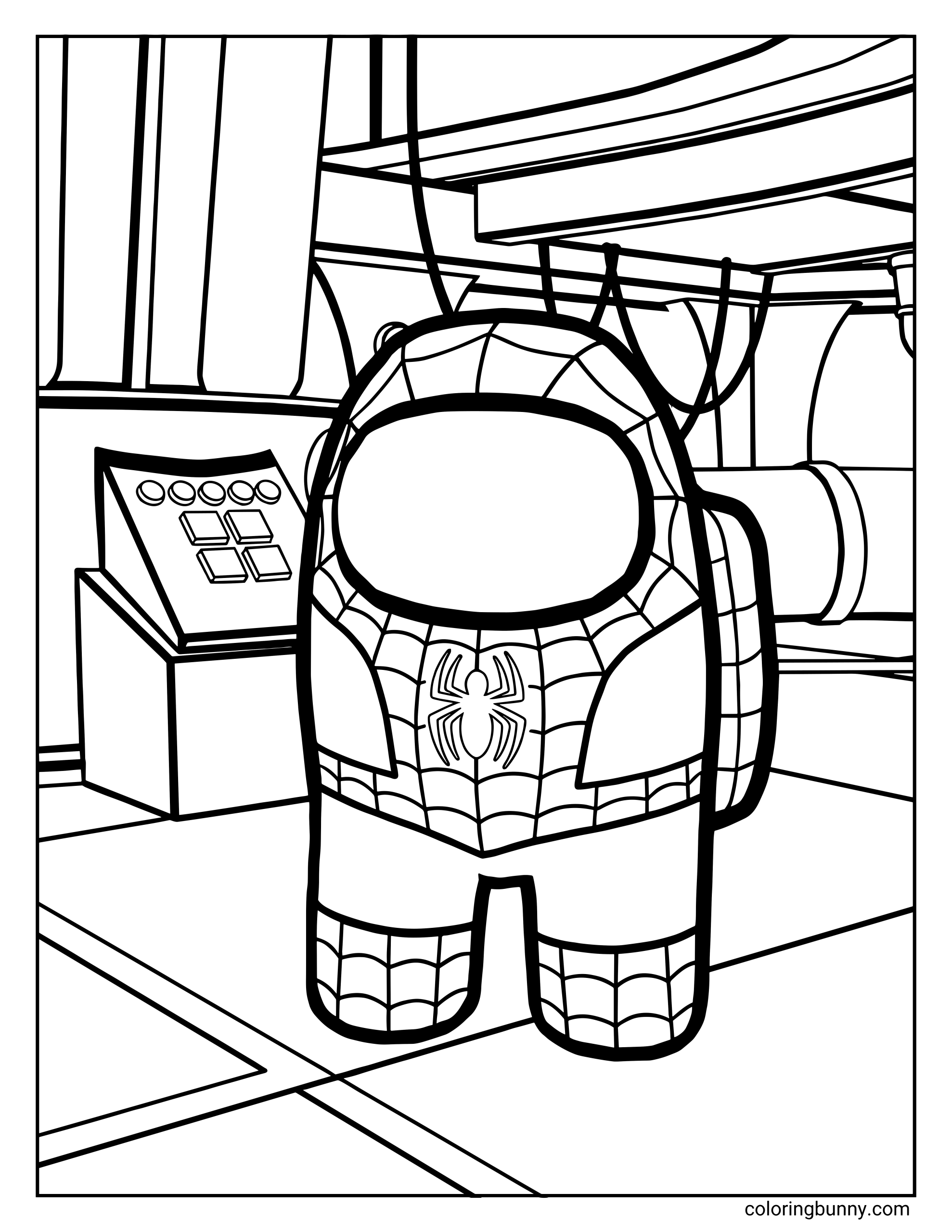 An Among Us–style coloring page showing a crewmate wearing a Spider-Man–inspired suit with web patterns and a spider emblem on the chest, standing inside a spaceship room with control panels, pipes, and cables.
