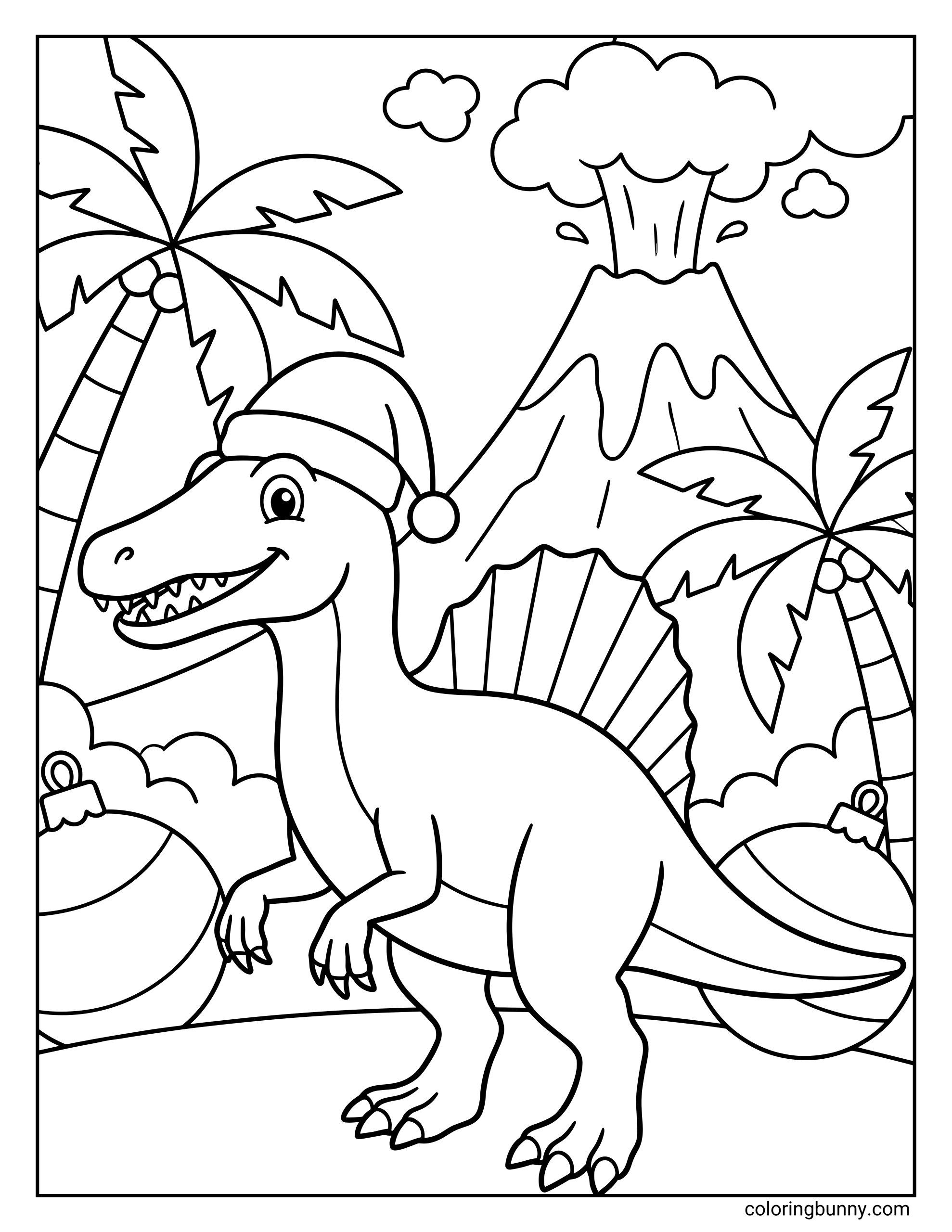 A simple dinosaur Christmas coloring page where a smiling Spinosaurus wearing a Santa hat stands in a prehistoric scene with palm trees, ornaments, and an erupting volcano.