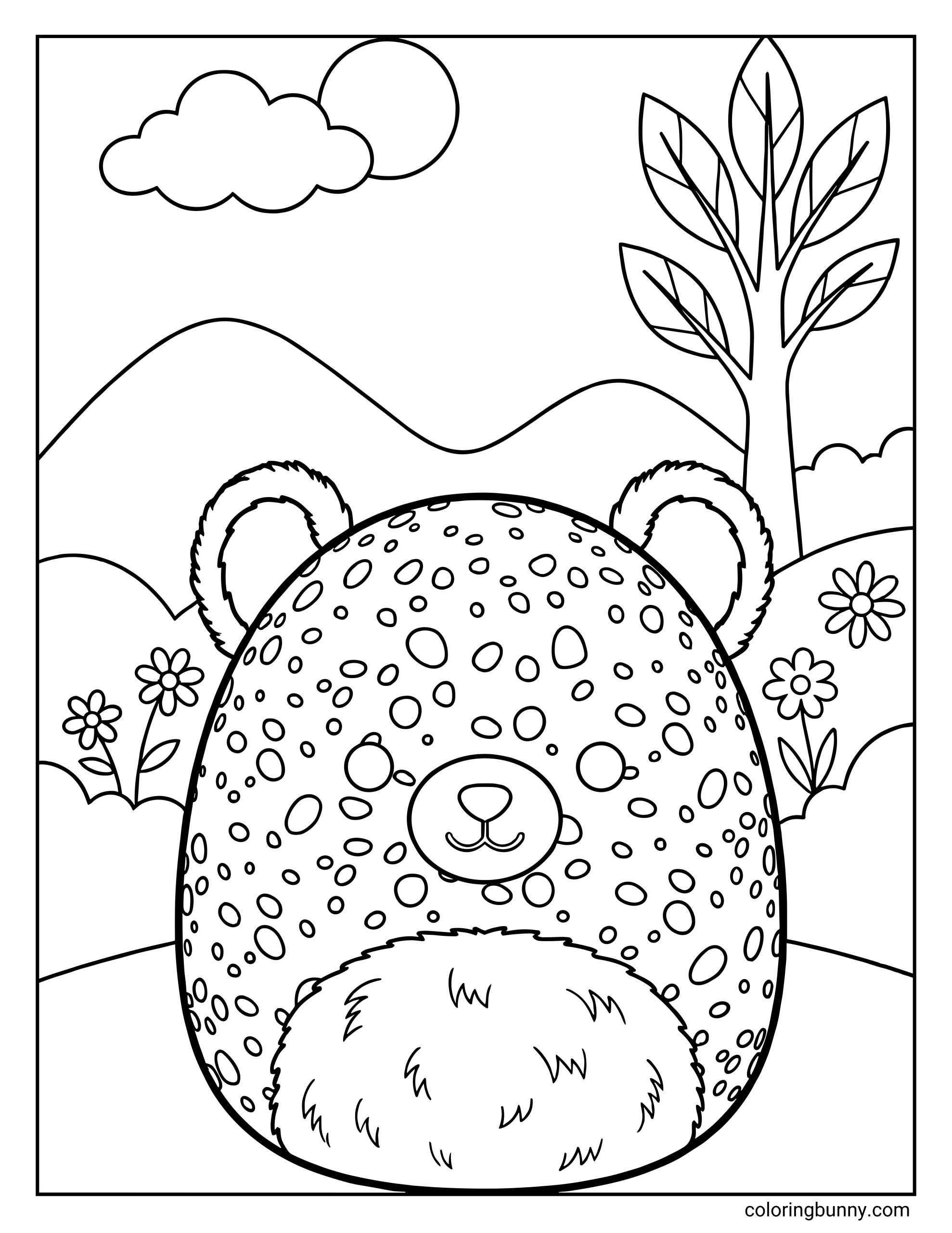 A Squishmallow coloring page of Spotts the cheetah with a rounded, cuddly shape and a body covered in playful spots. Spotts is sitting in a peaceful outdoor scene with rolling hills, flowers, and a leafy tree in the background, creating a calm nature setting.