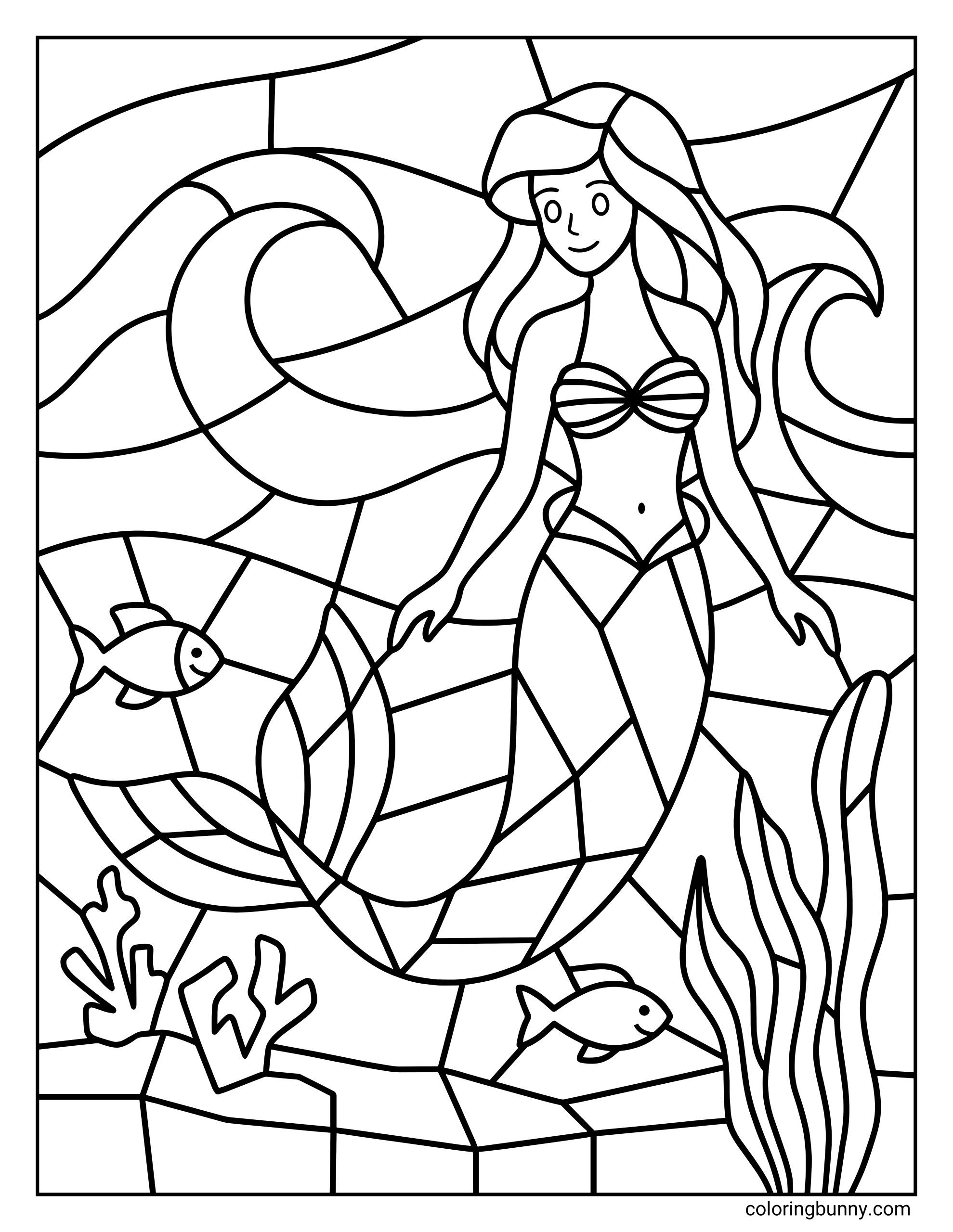 A mermaid coloring page designed in a stained-glass mosaic style featuring a mermaid with long flowing hair swimming underwater. She is surrounded by abstract waves, two small fish, and seaweed at the bottom, all composed of segmented shapes.