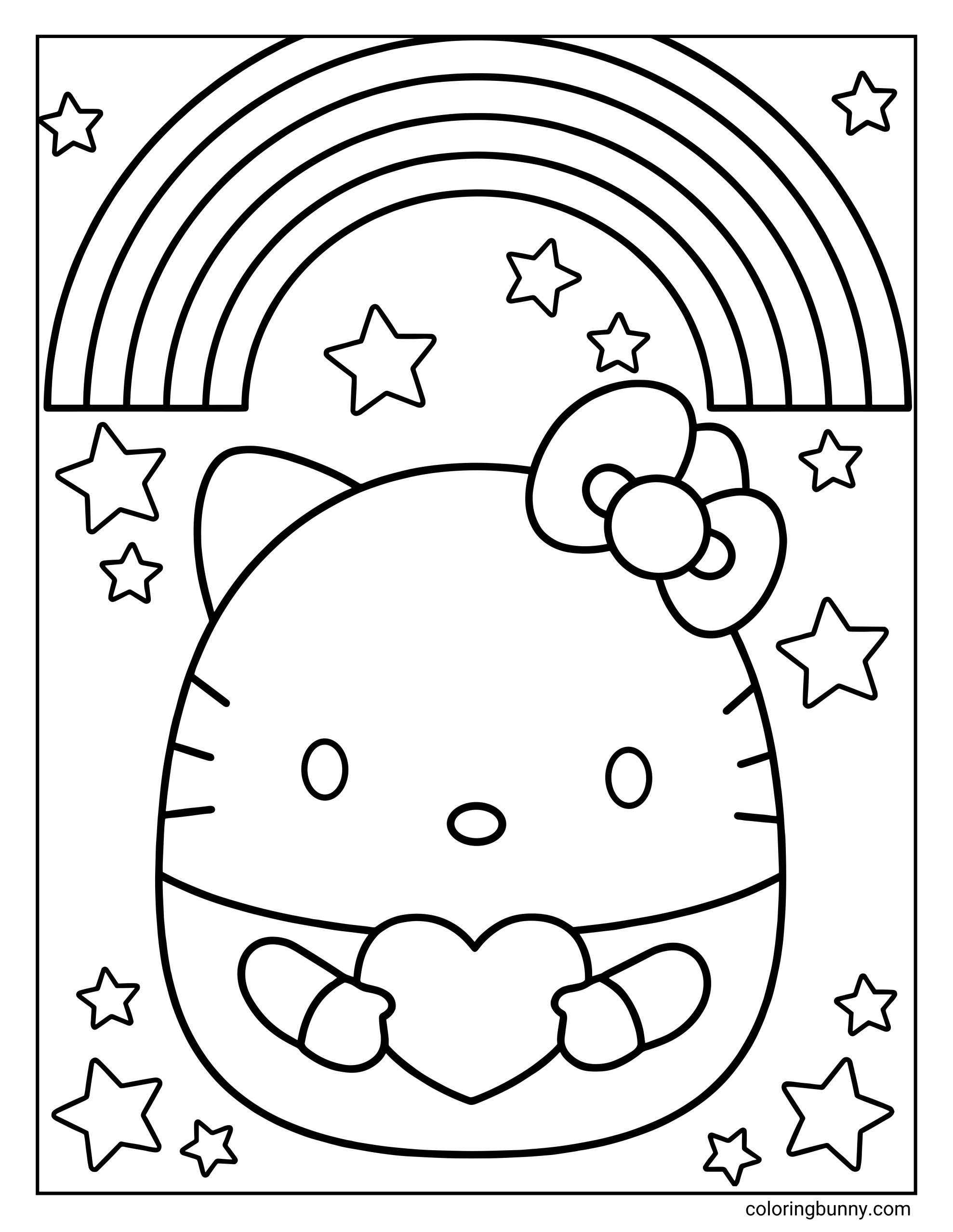 A Hello Kitty Squishmallow coloring page showing Hello Kitty in her classic rounded Squishmallow shape, wearing her signature bow on her left ear and holding a heart in both paws, with a large rainbow arching overhead and stars scattered around the background.
