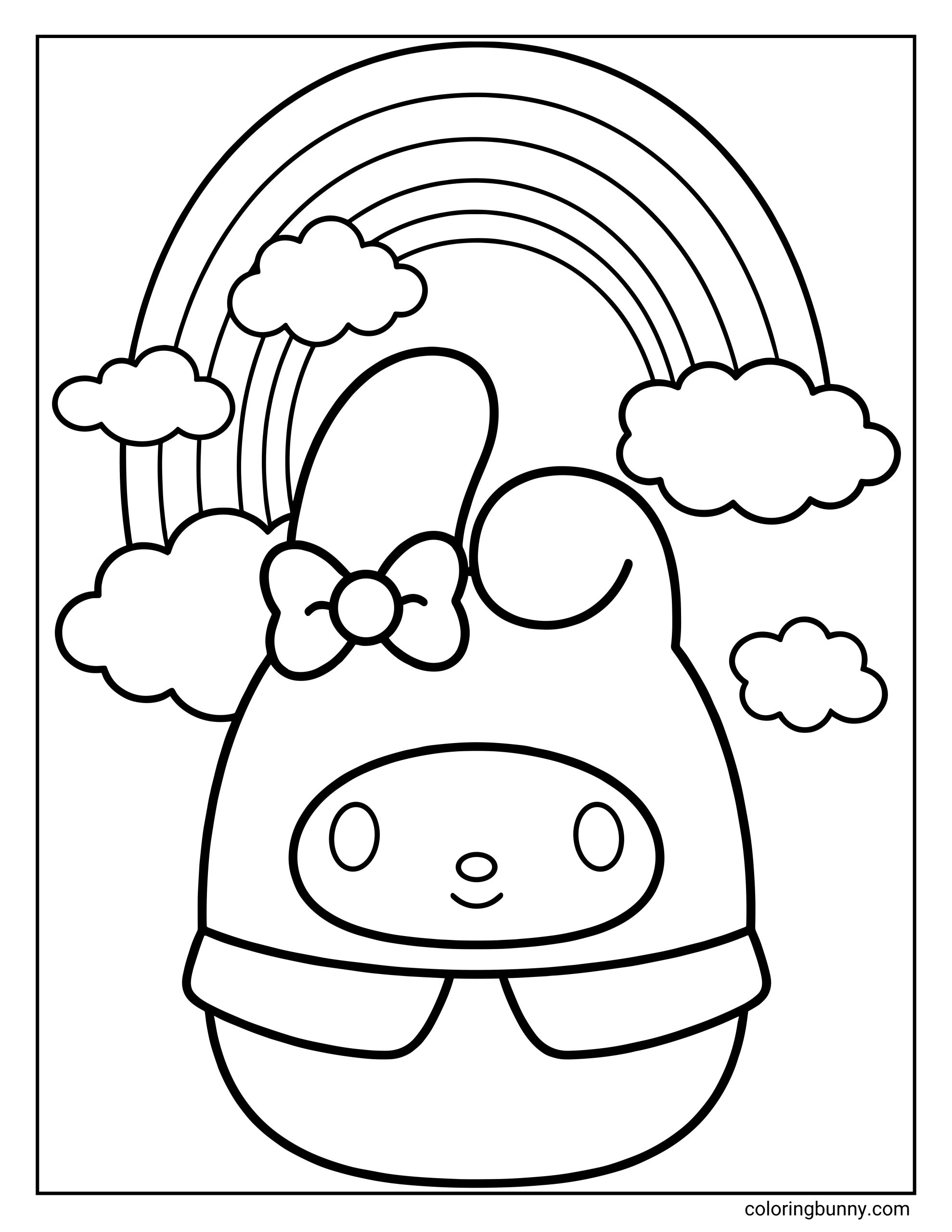 A Squishmallow coloring page showing My Melody standing sweetly under a big rainbow, wearing her signature hood with a bow, surrounded by fluffy clouds.