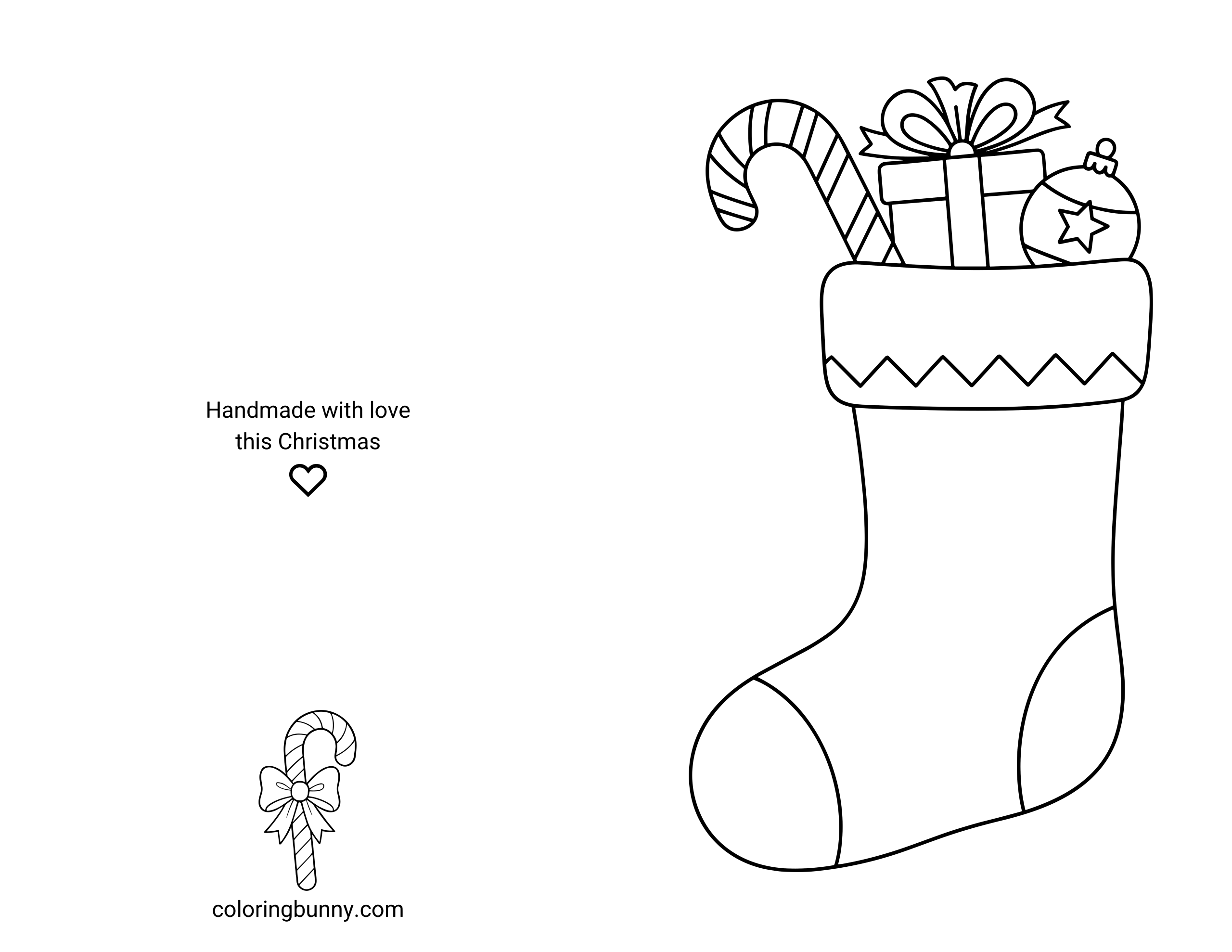 A printable and foldable Christmas card coloring page showing a large stocking filled with gifts, a candy cane, and a bauble. The left half of the page features the back of the card with the text “Handmade with love this Christmas,” a small heart icon, and a candy cane illustration.