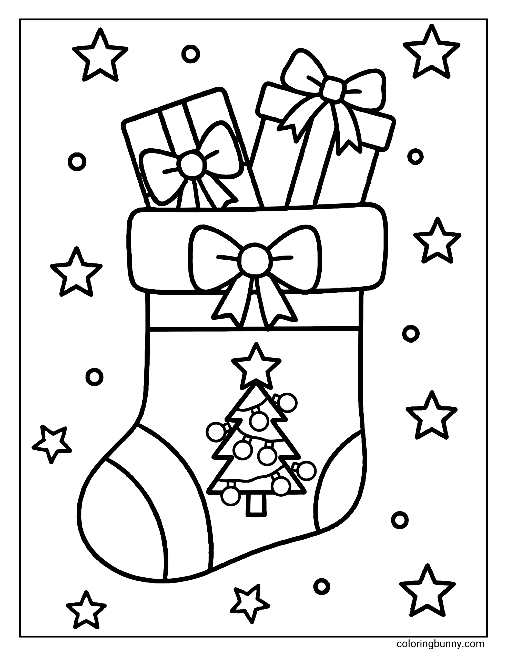A Christmas stocking coloring page featuring a large stocking with a Christmas tree design on the front. Two wrapped presents with bows pop out from the top, and stars and small circles decorate the background inside a rectangular border.