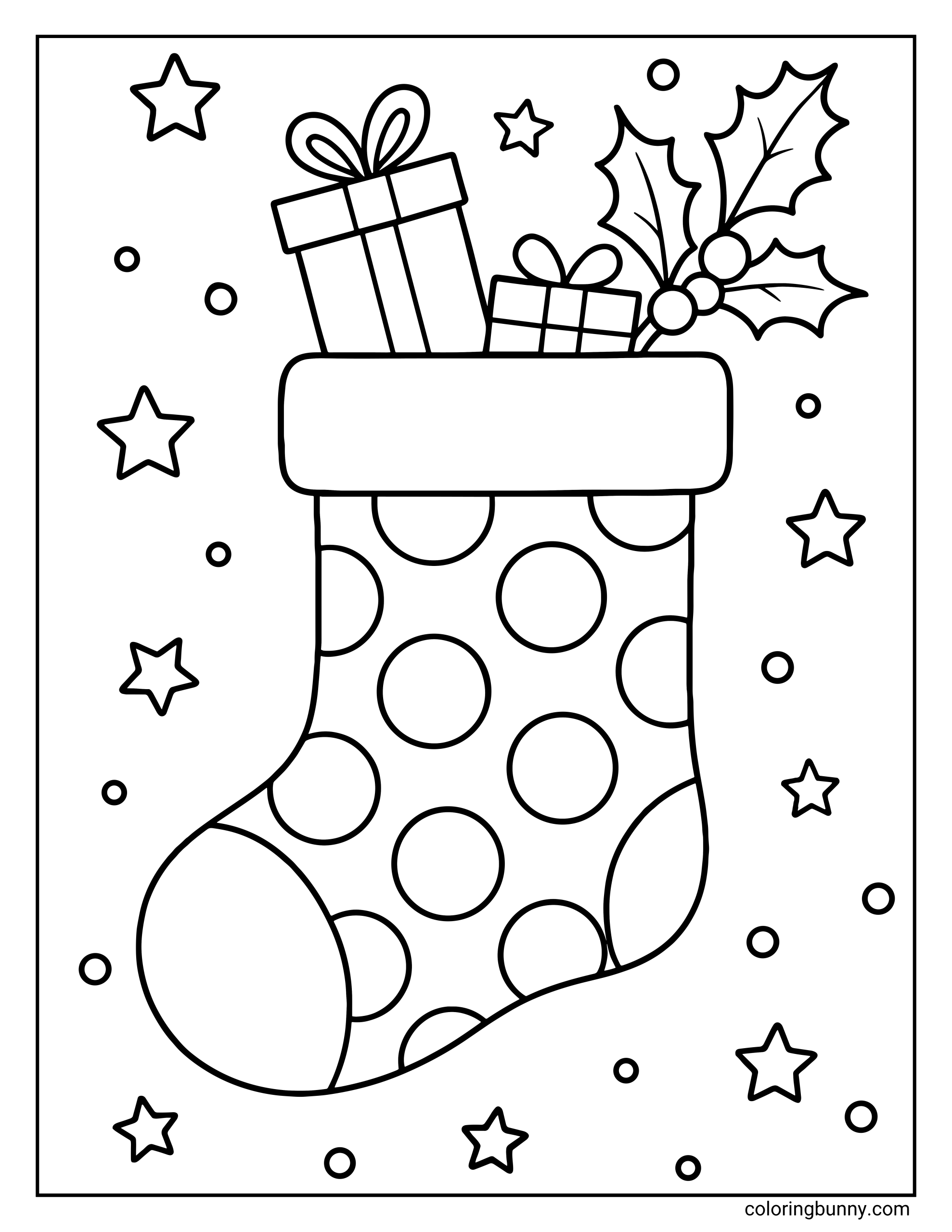 Simple Christmas stocking coloring page filled with gifts and decorated with a large polka dot pattern.