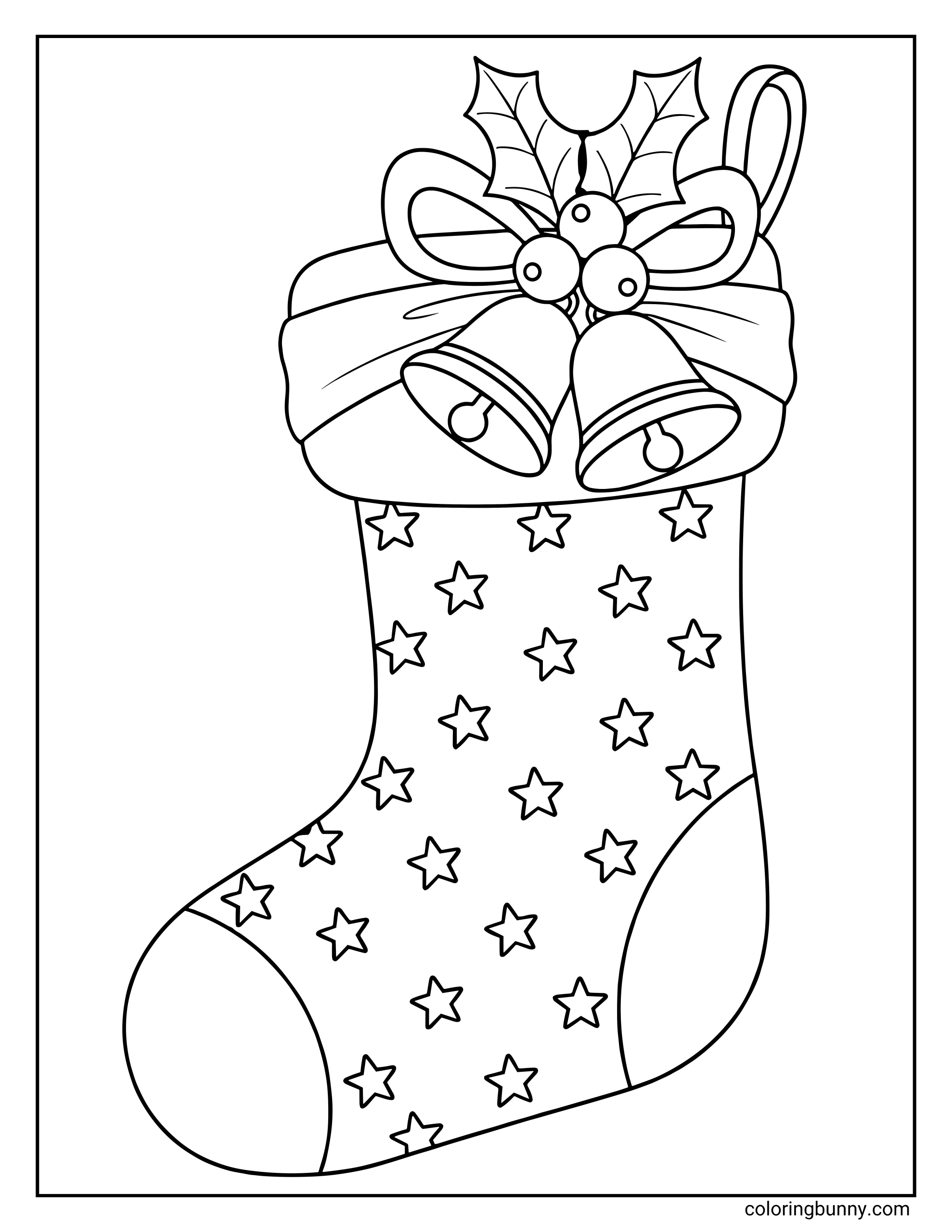 A Christmas stocking coloring page featuring a pattern of stars, a large bow, and two hanging bells.