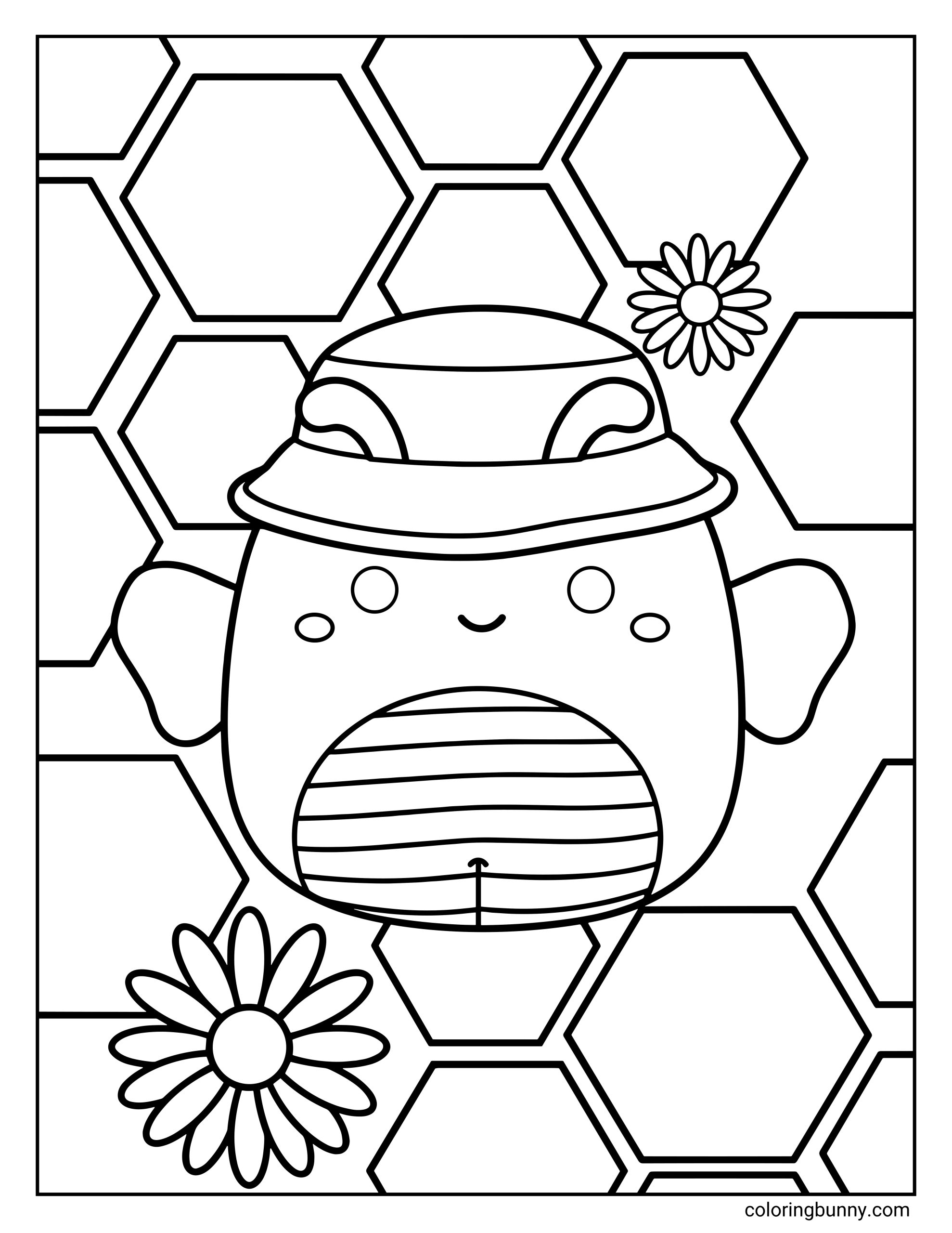 A Squishmallow coloring page of Sunny the Bee, shown as a round, smiling bee character wearing a small brimmed hat, with tiny wings and a striped belly. Sunny is centered against a honeycomb background made of hexagon shapes, with two daisies scattered around, creating a cheerful, nature-inspired scene that highlights the bee theme.