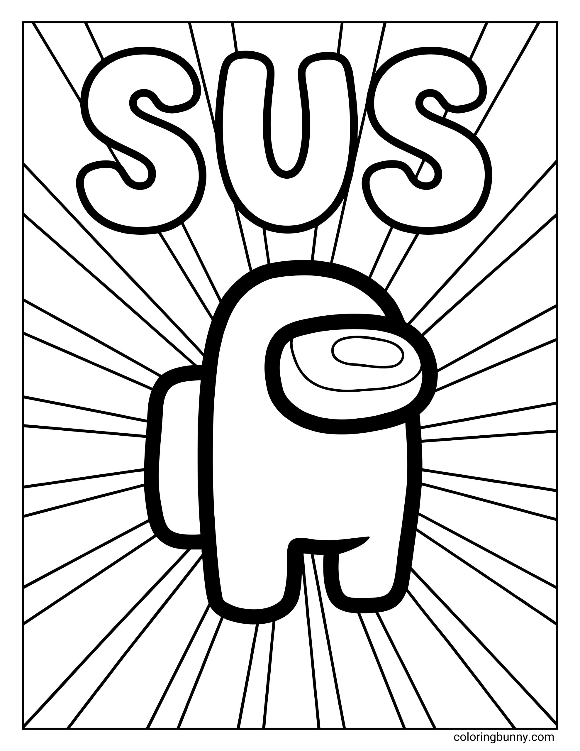 A sus Among Us coloring page showing a single crewmate standing in the center with dramatic burst lines radiating behind them and the word “SUS” at the top.