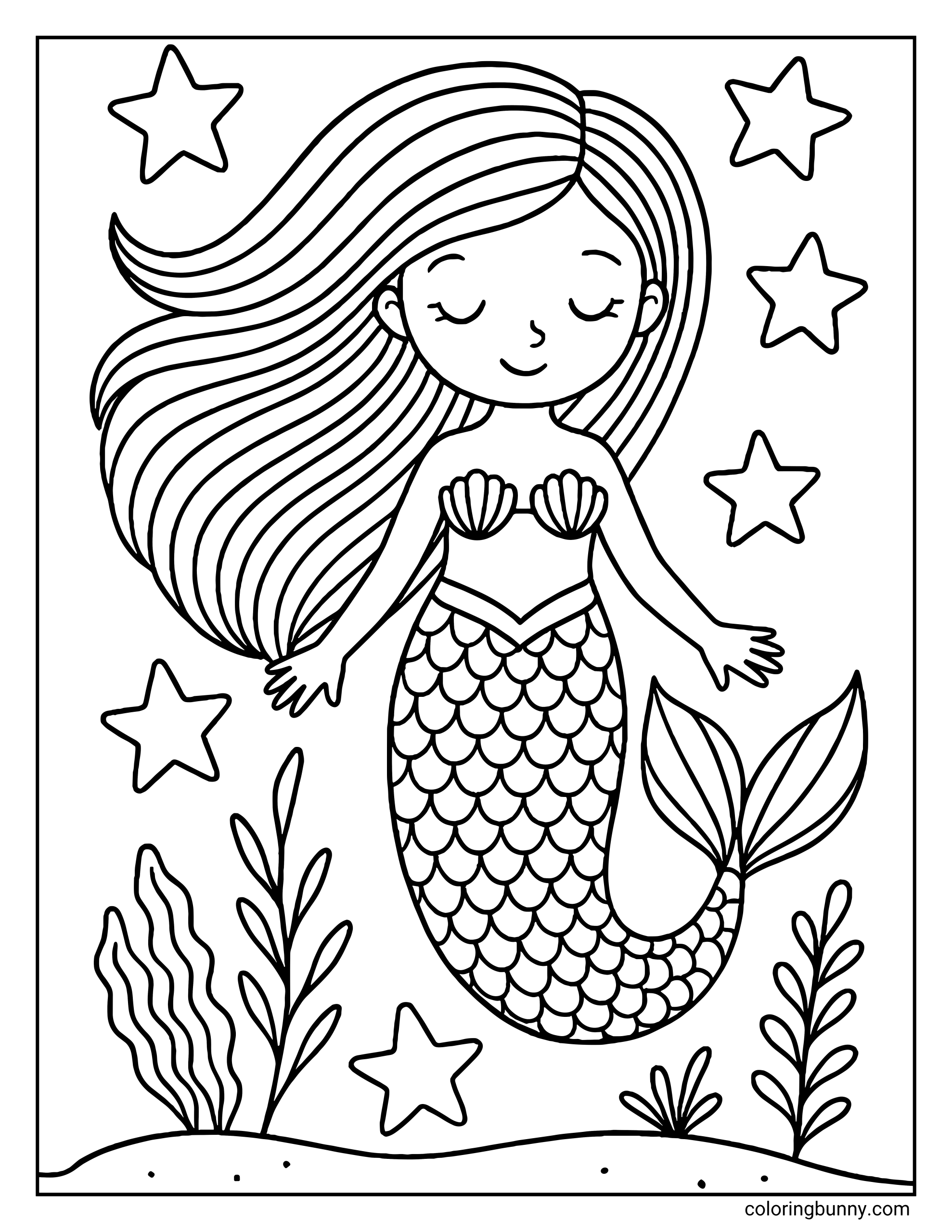 A simple coloring page of a mermaid with long, flowing hair and a scaly tail, floating peacefully among stars and sea plants.