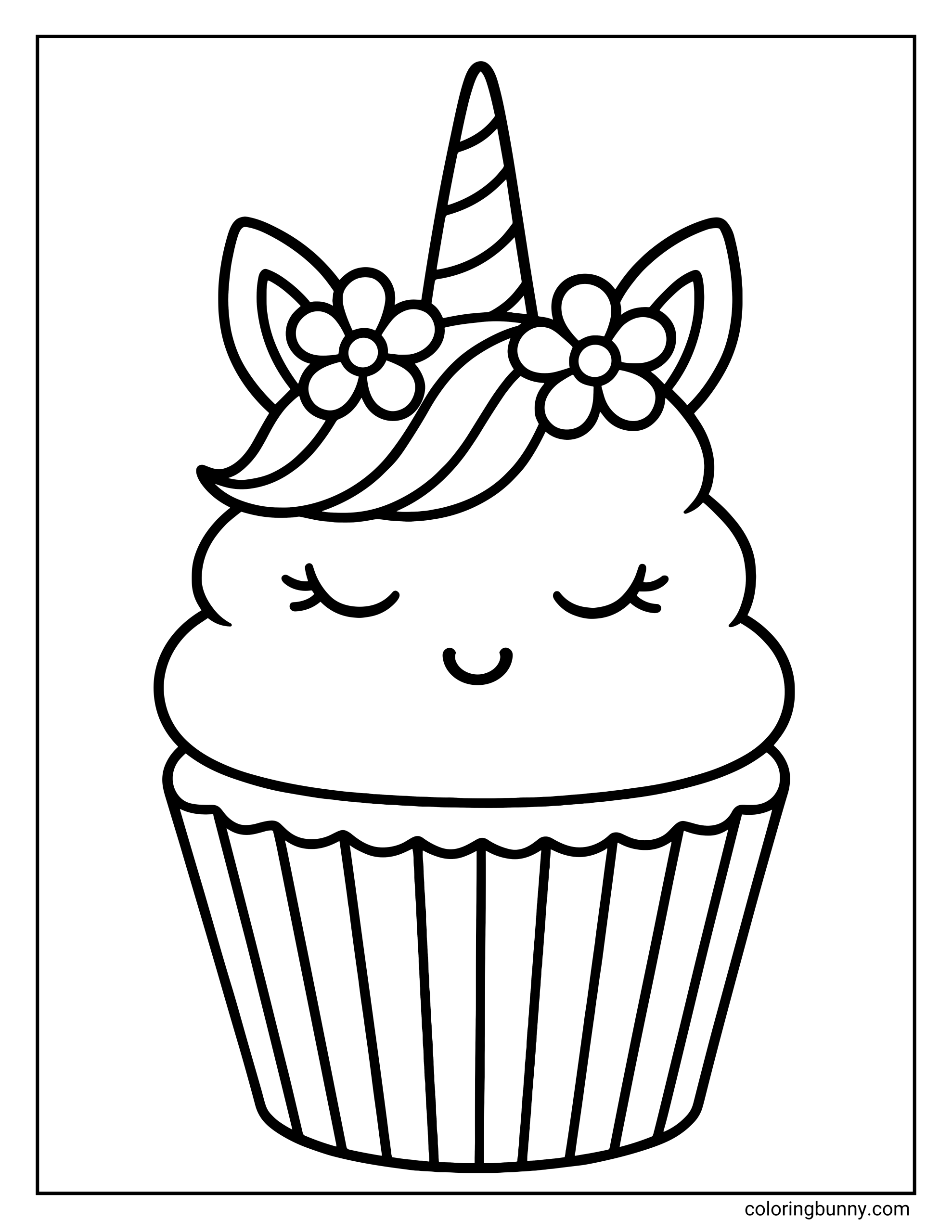A sweet coloring page of a cupcake decorated as a unicorn. The frosting swirl features closed sleeping eyes, a smiling mouth, two ears, a striped horn, and two flowers.