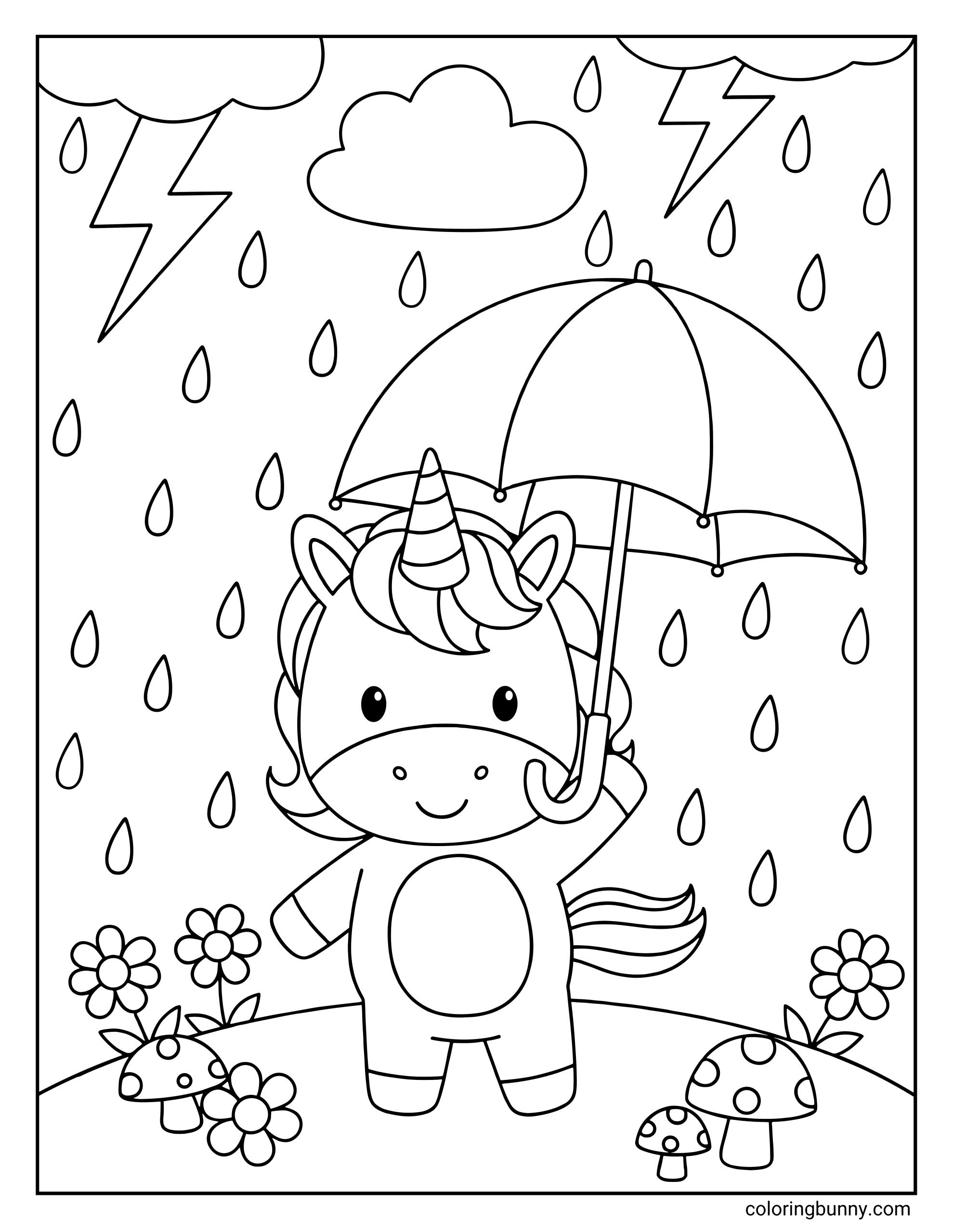 A cute unicorn coloring page featuring a small pony holding an open umbrella to stay dry during a rainstorm. The scene includes storm clouds with lightning bolts, falling raindrops, spotted mushrooms, and flowers on the ground.