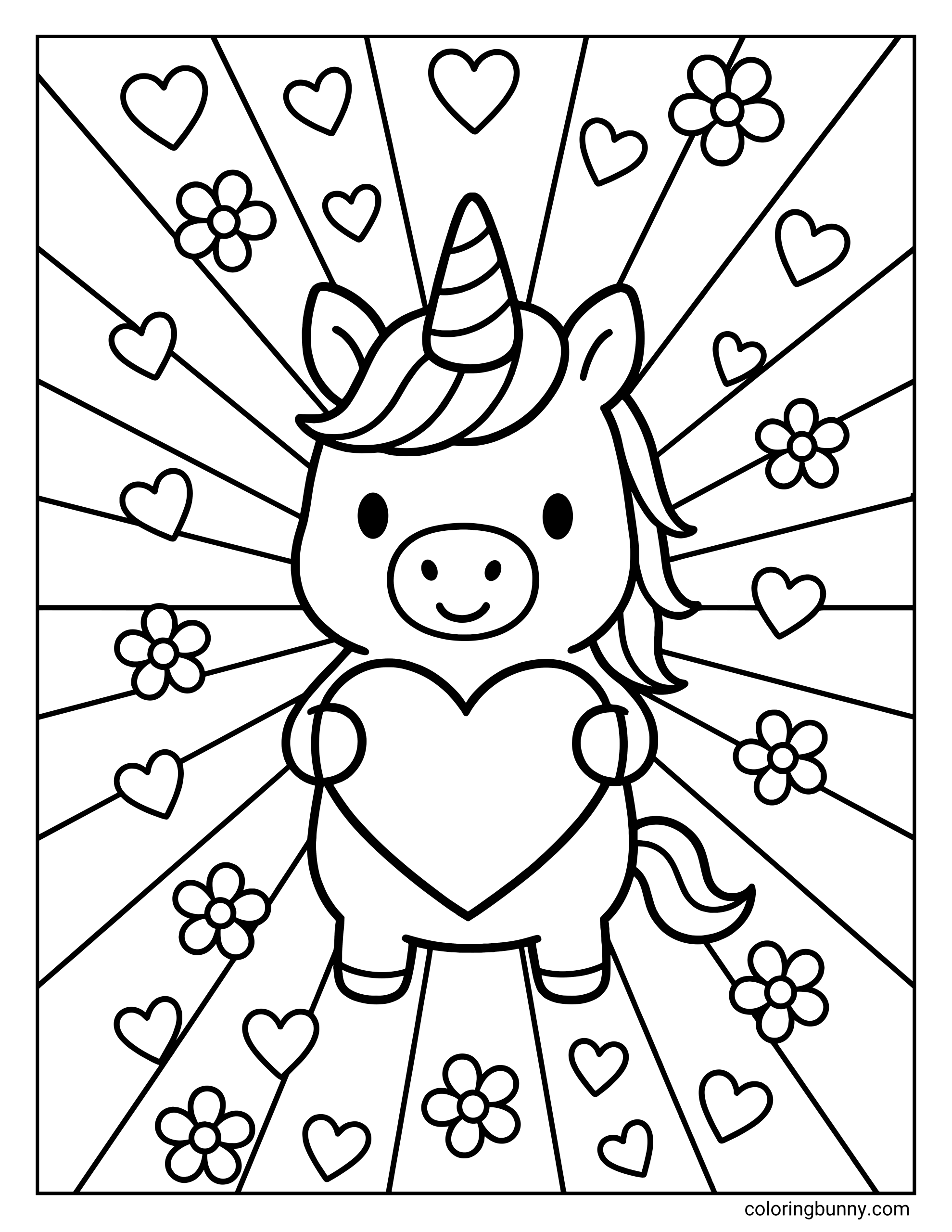 A lovely cute unicorn coloring page featuring a small pony holding a large heart in its hooves. The character stands in front of a geometric sunburst background filled with floating hearts and flowers.