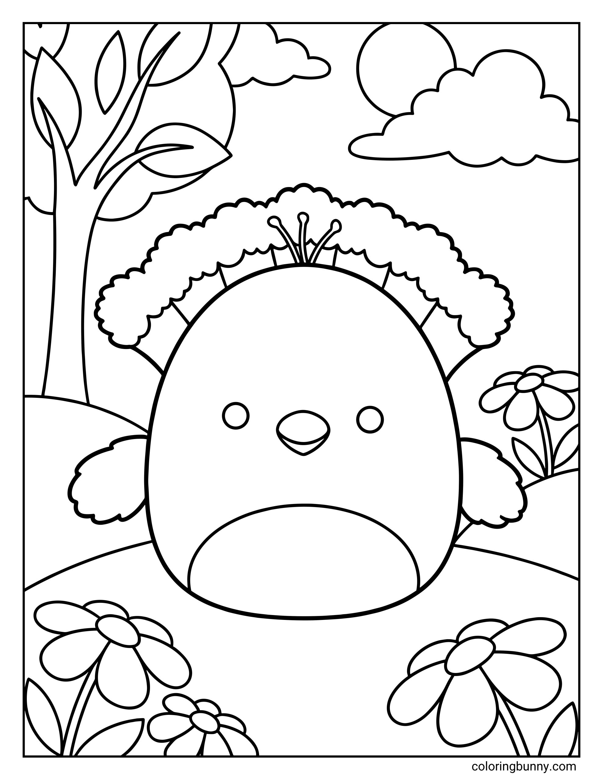 A Squishmallow coloring page featuring Sweetpea the Peacock standing in a cheerful garden scene with rounded trees, fluffy clouds, and blooming flowers all around. Sweetpea has a smooth, egg-shaped body with small wings, a simple smiling face, and soft fanned-out feather details on top, creating a calm and friendly outdoor setting.